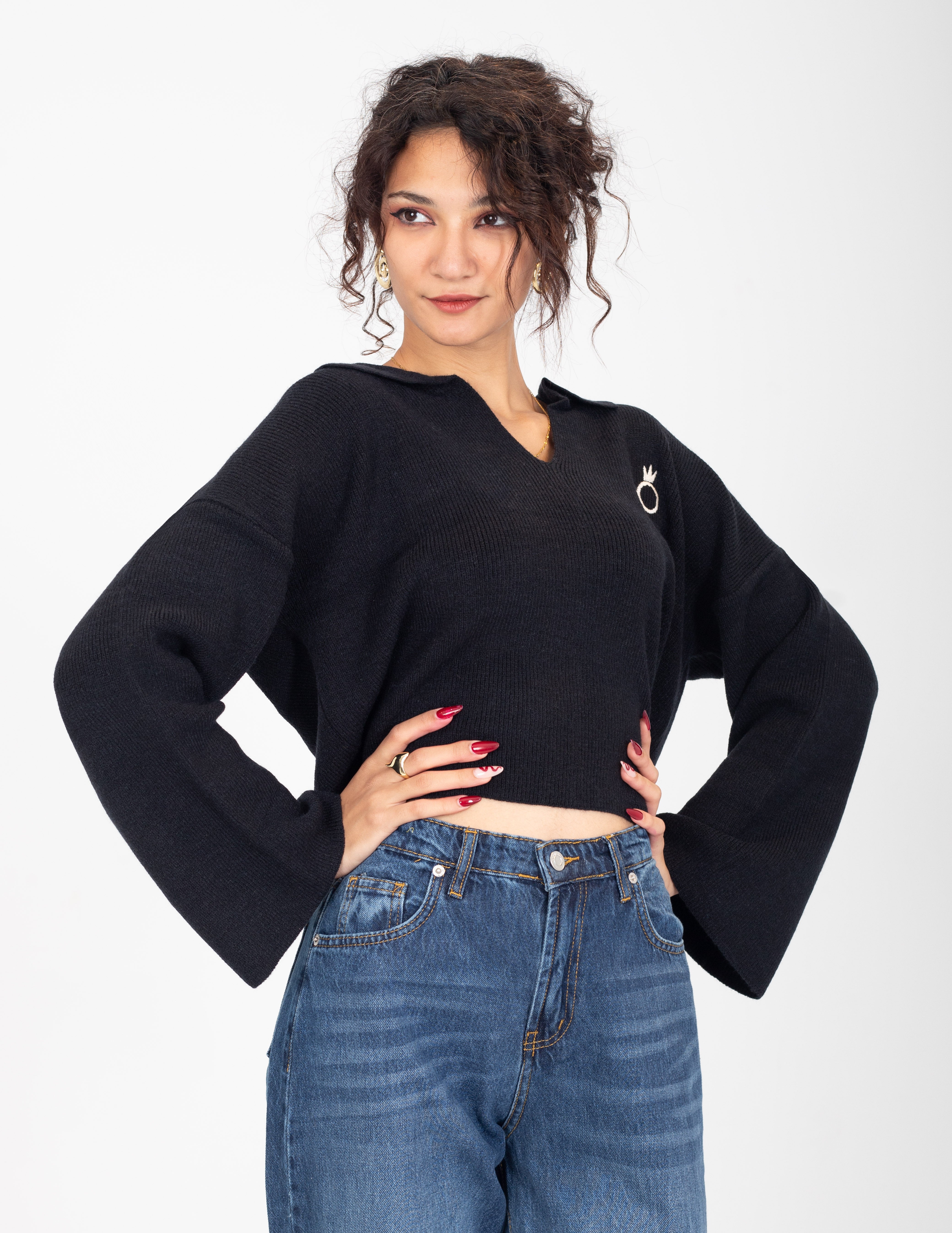 Collared V-Neck Cropped Knit Sweater w16252687/1