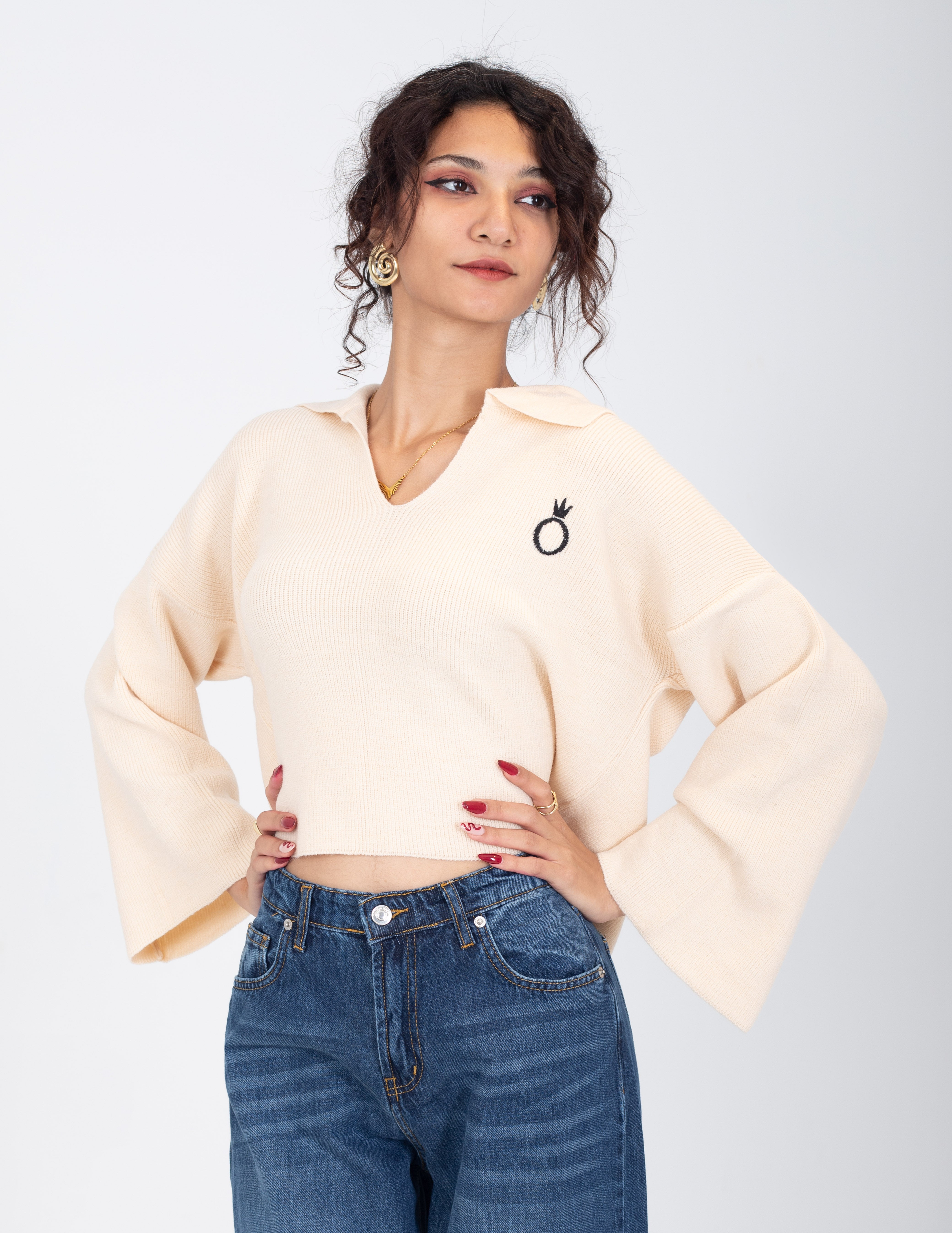 Collared V-Neck Cropped Knit Sweater w16252687/1