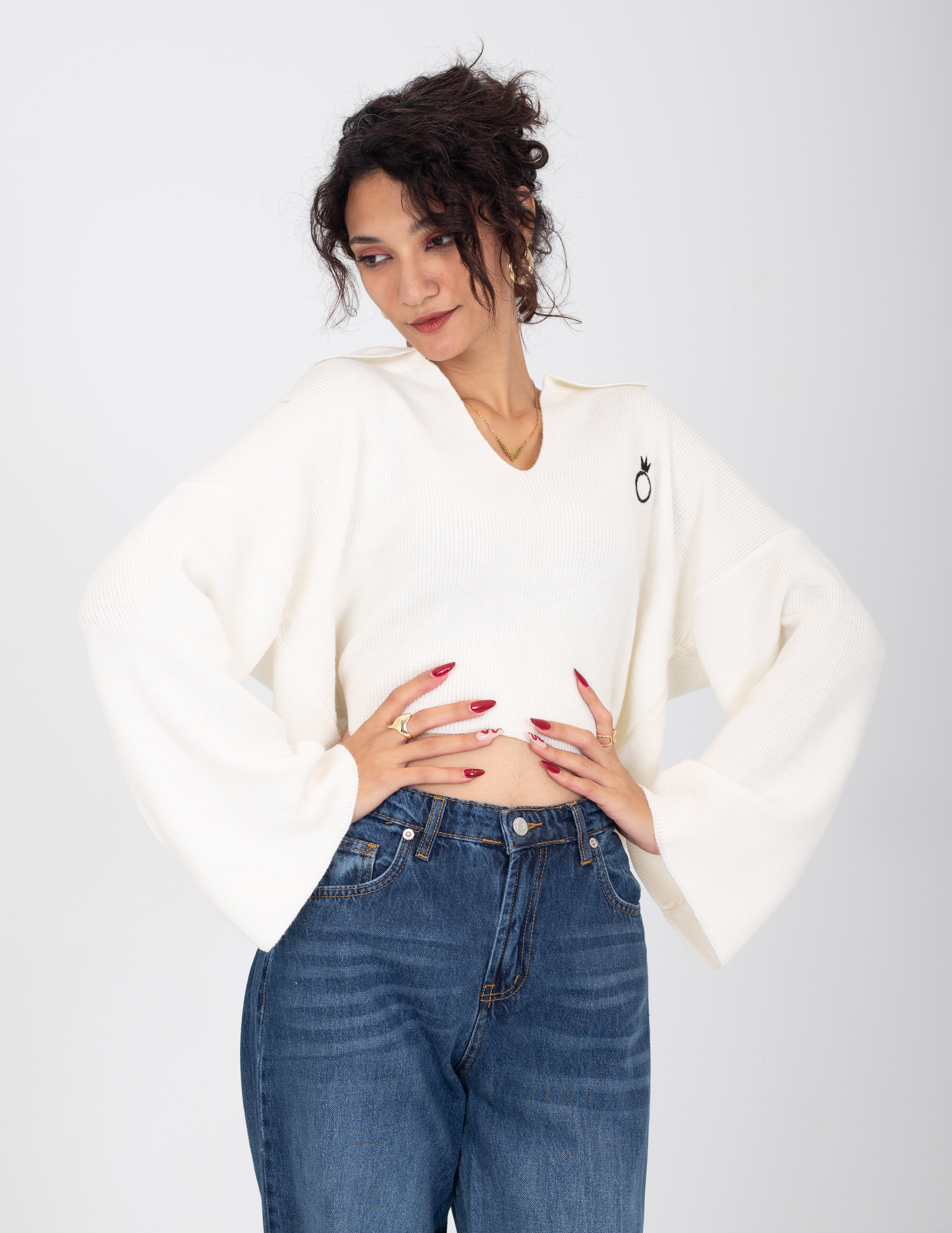Collared V-Neck Cropped Knit Sweater w16252687/1