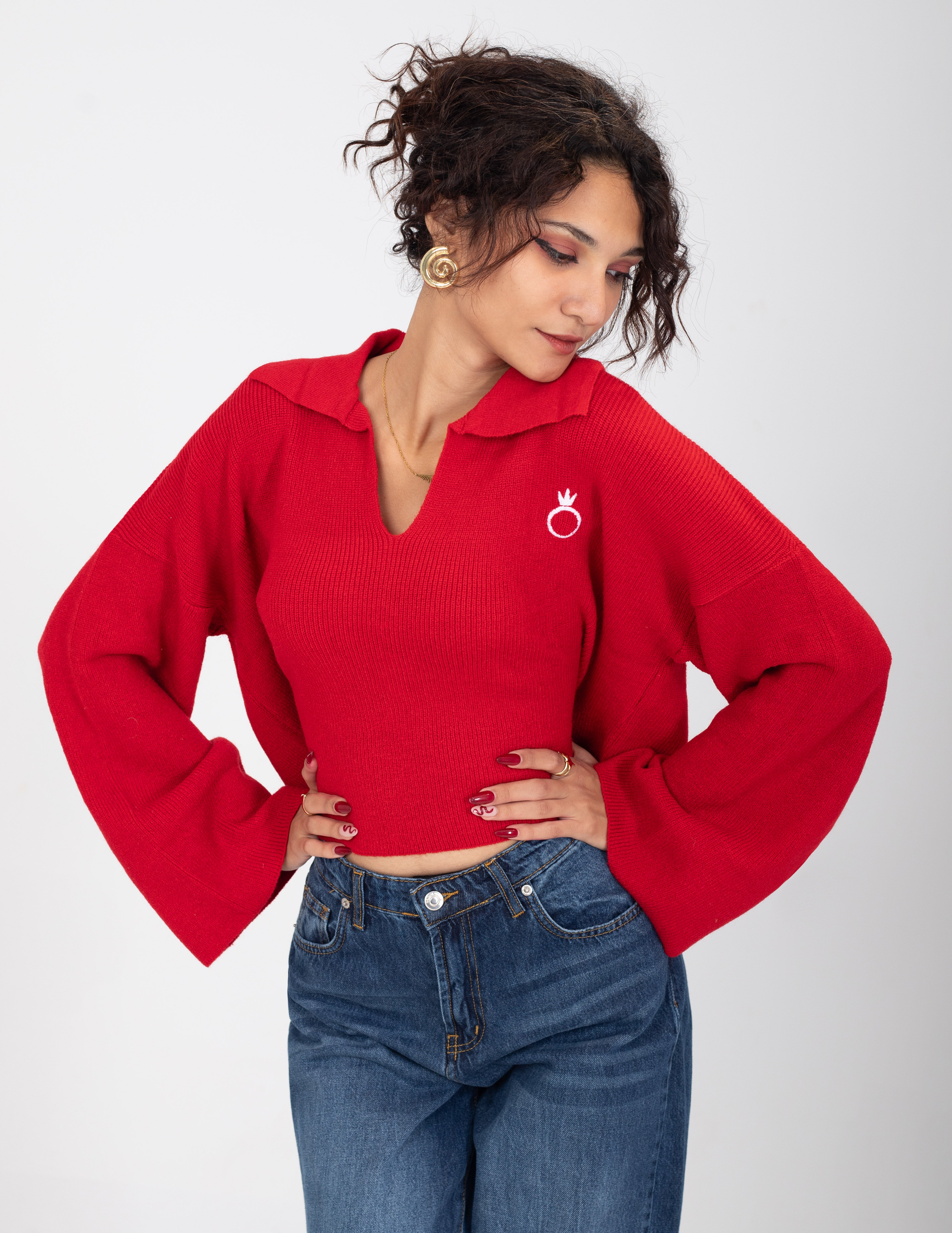 Collared V-Neck Cropped Knit Sweater w16252687/1
