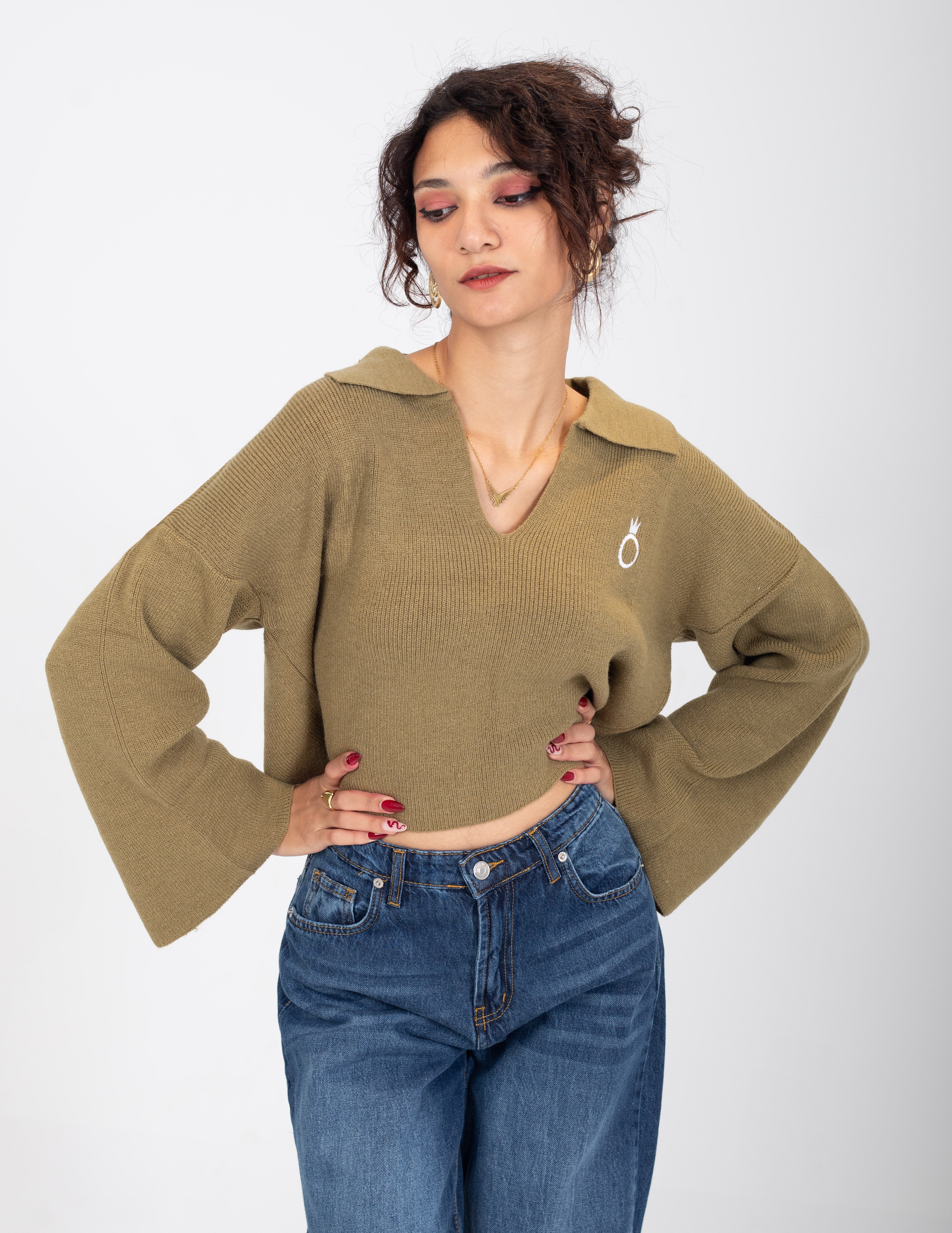 Collared V-Neck Cropped Knit Sweater w16252687/1