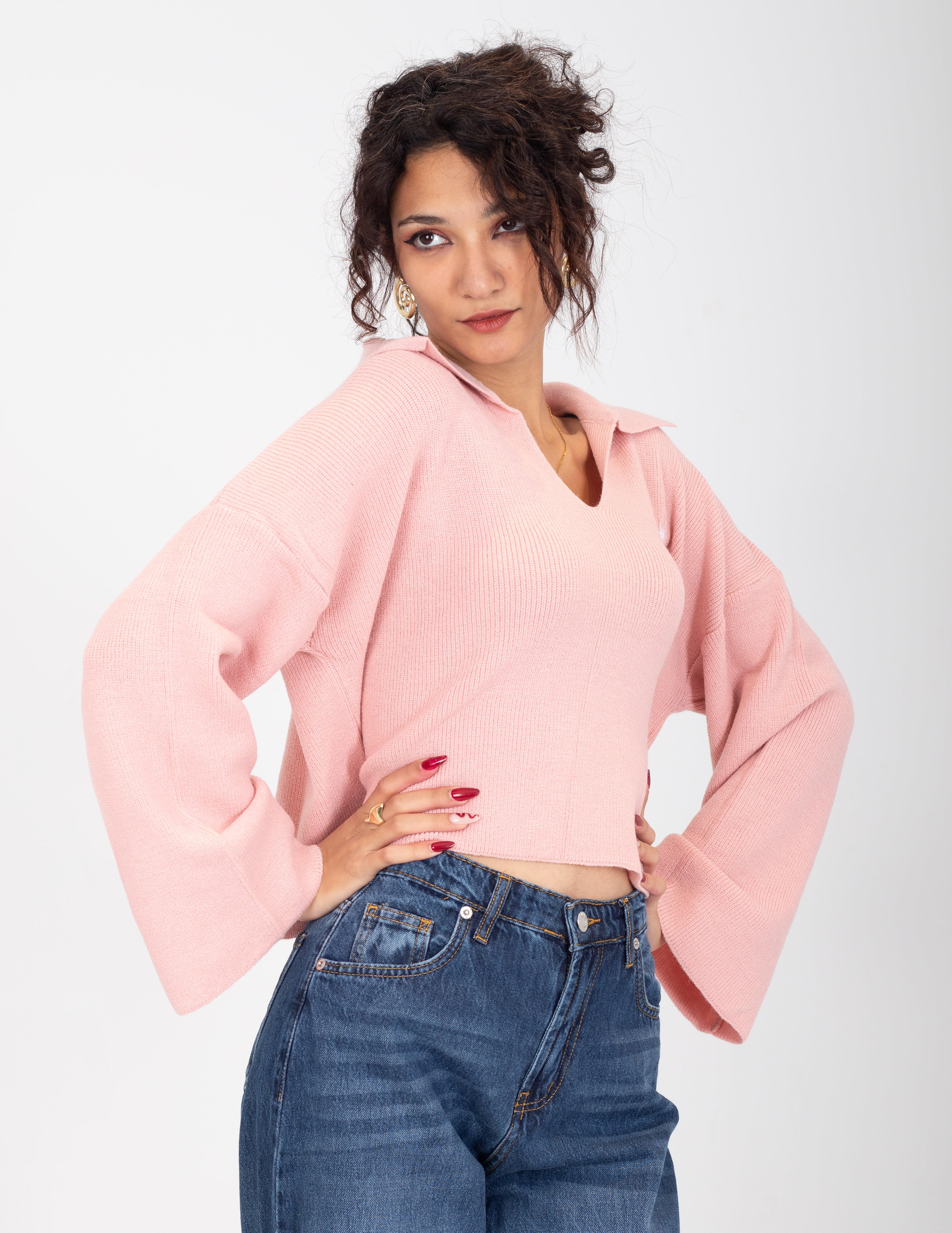 Collared V-Neck Cropped Knit Sweater w16252687/1