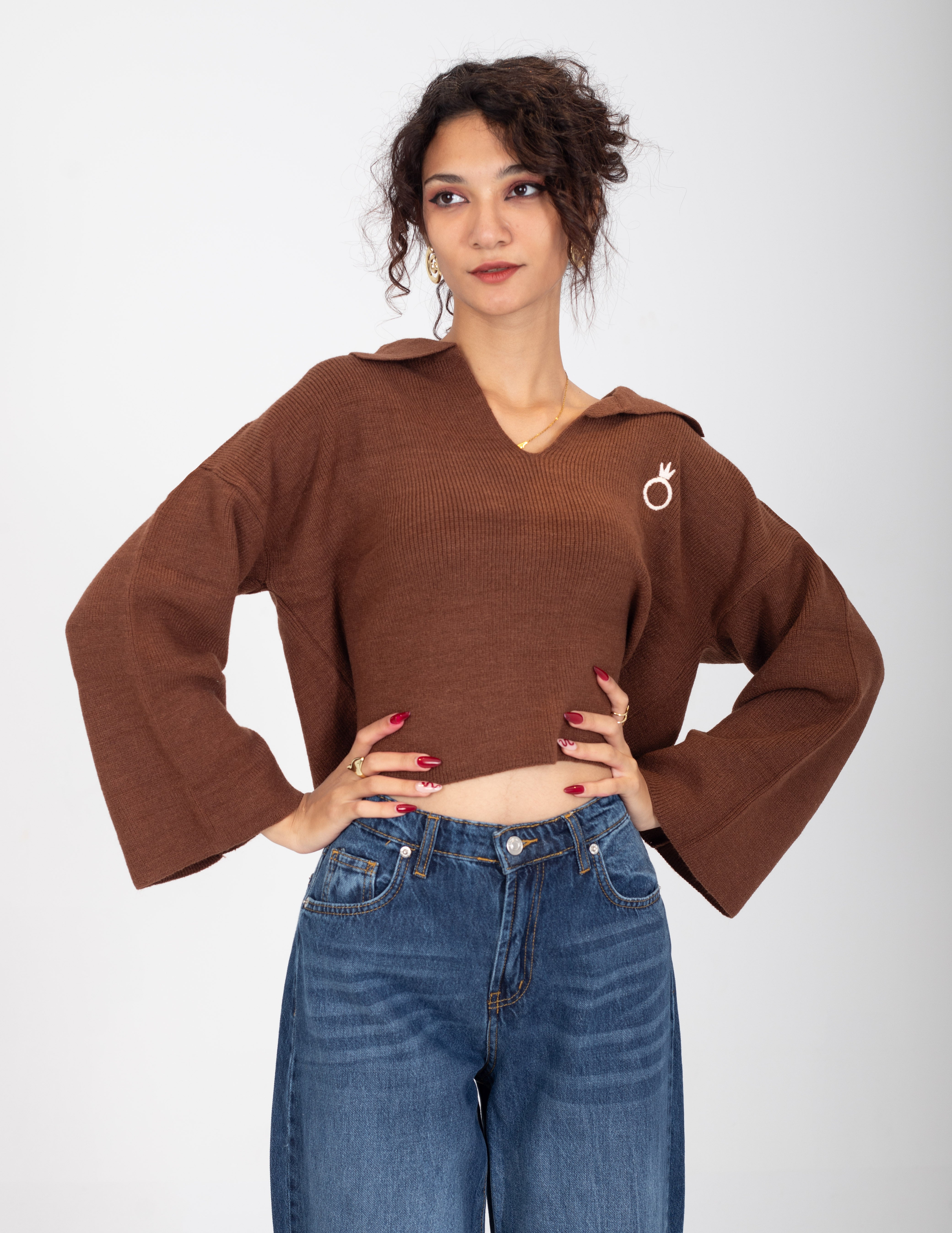 Collared V-Neck Cropped Knit Sweater w16252687/1