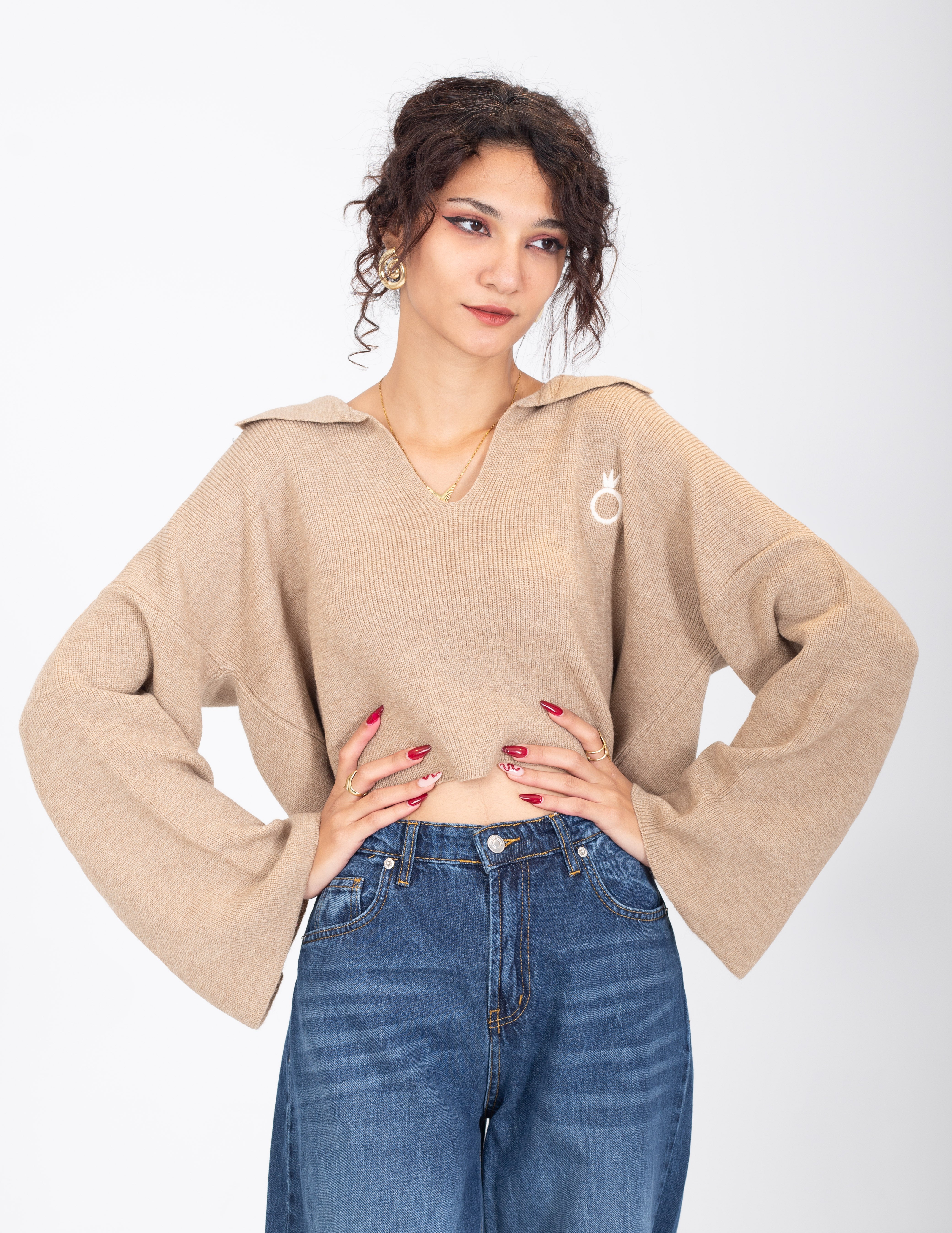Collared V-Neck Cropped Knit Sweater w16252687/1