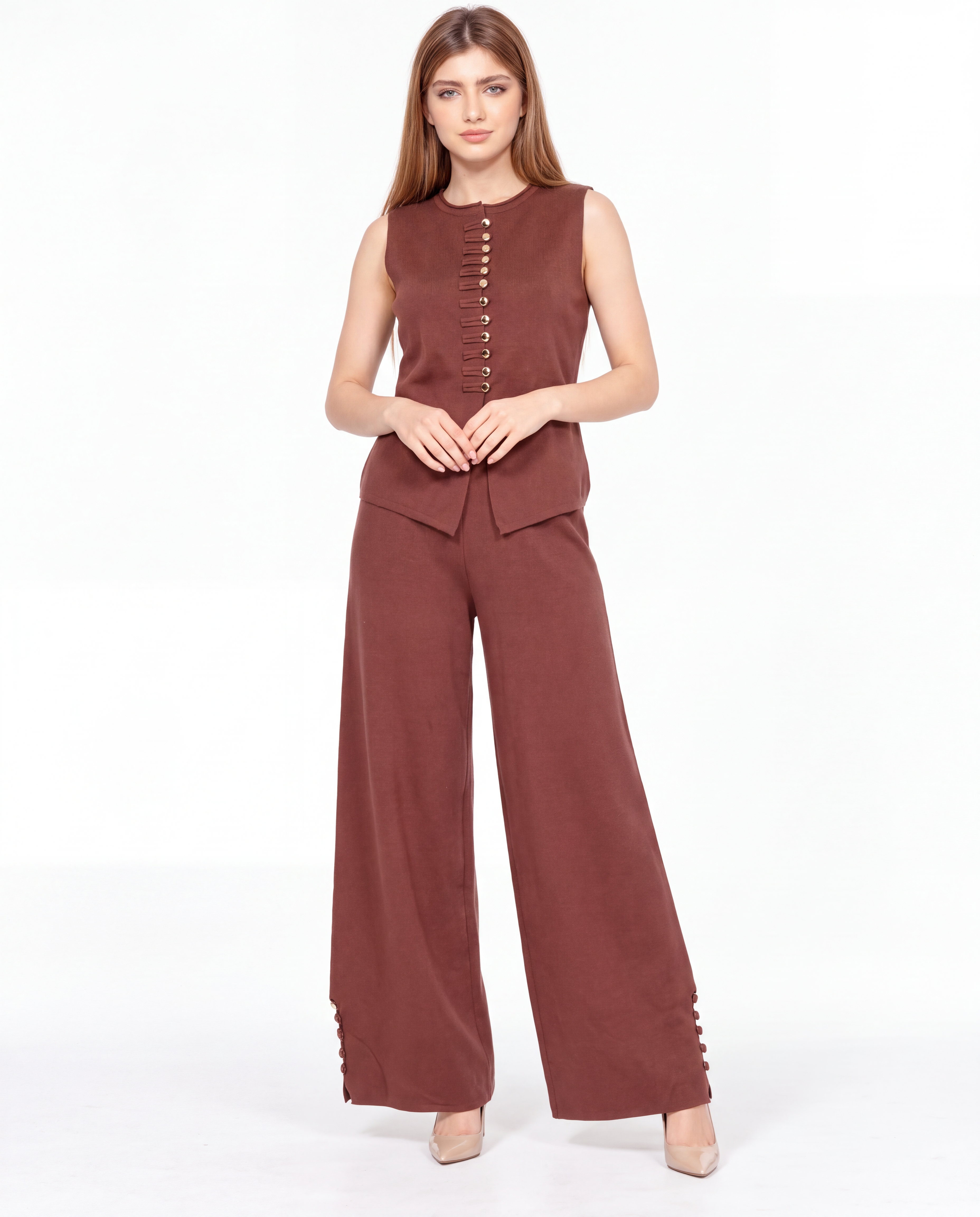 Sleeveless Button-Detail Vest & Wide-Leg Trousers Set 2135/157
