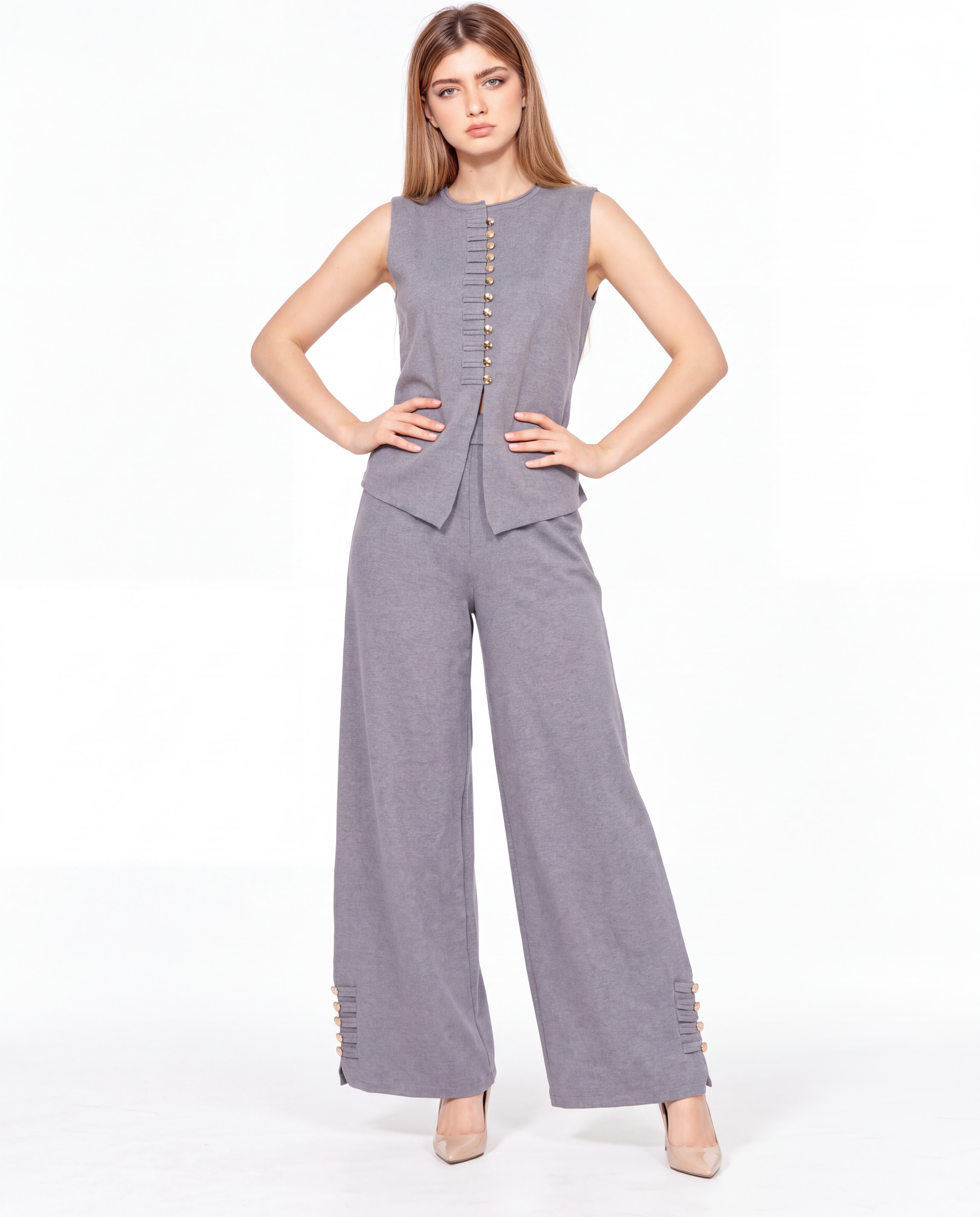 Sleeveless Button-Detail Vest & Wide-Leg Trousers Set 2135/157