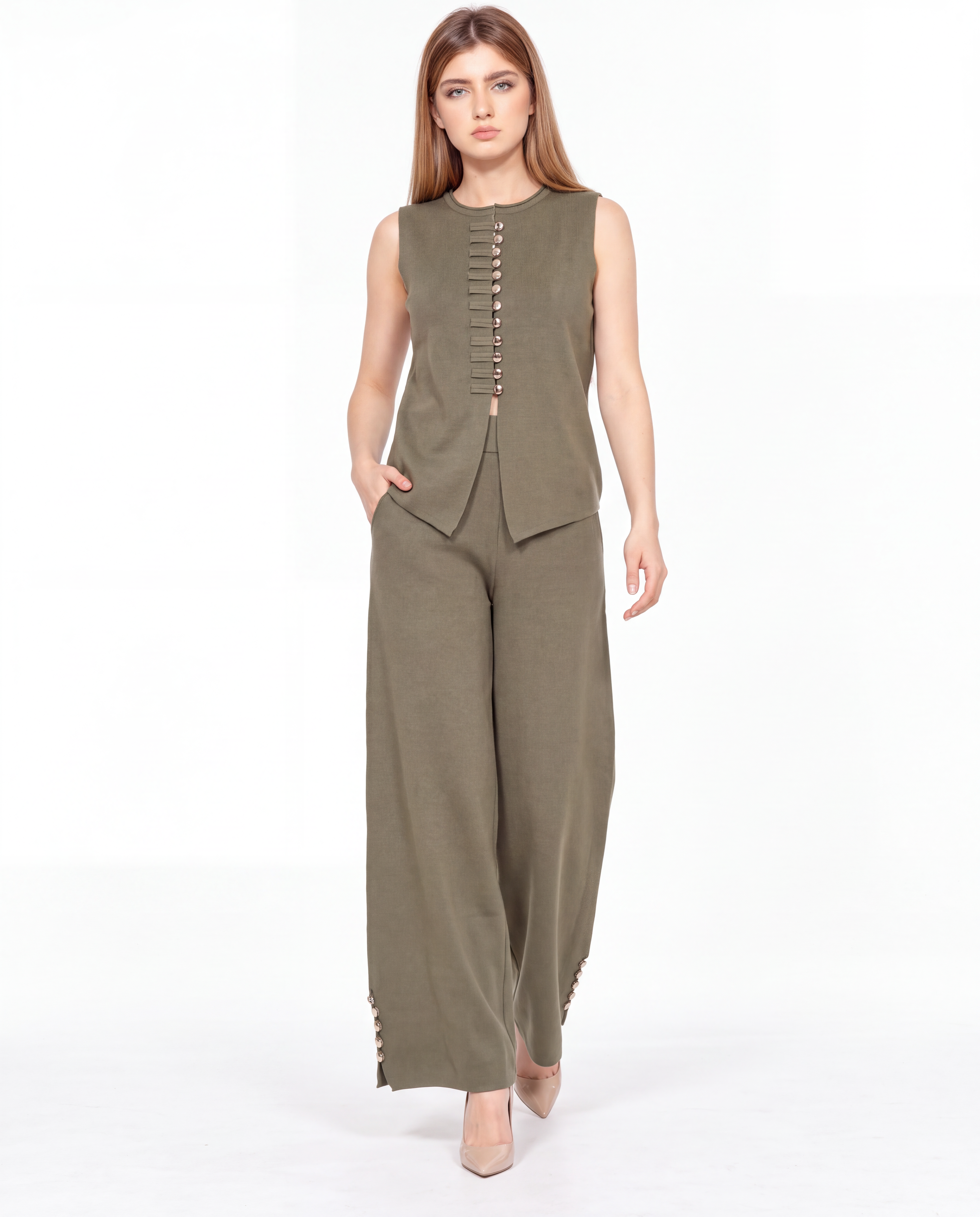 Sleeveless Button-Detail Vest & Wide-Leg Trousers Set 2135/157