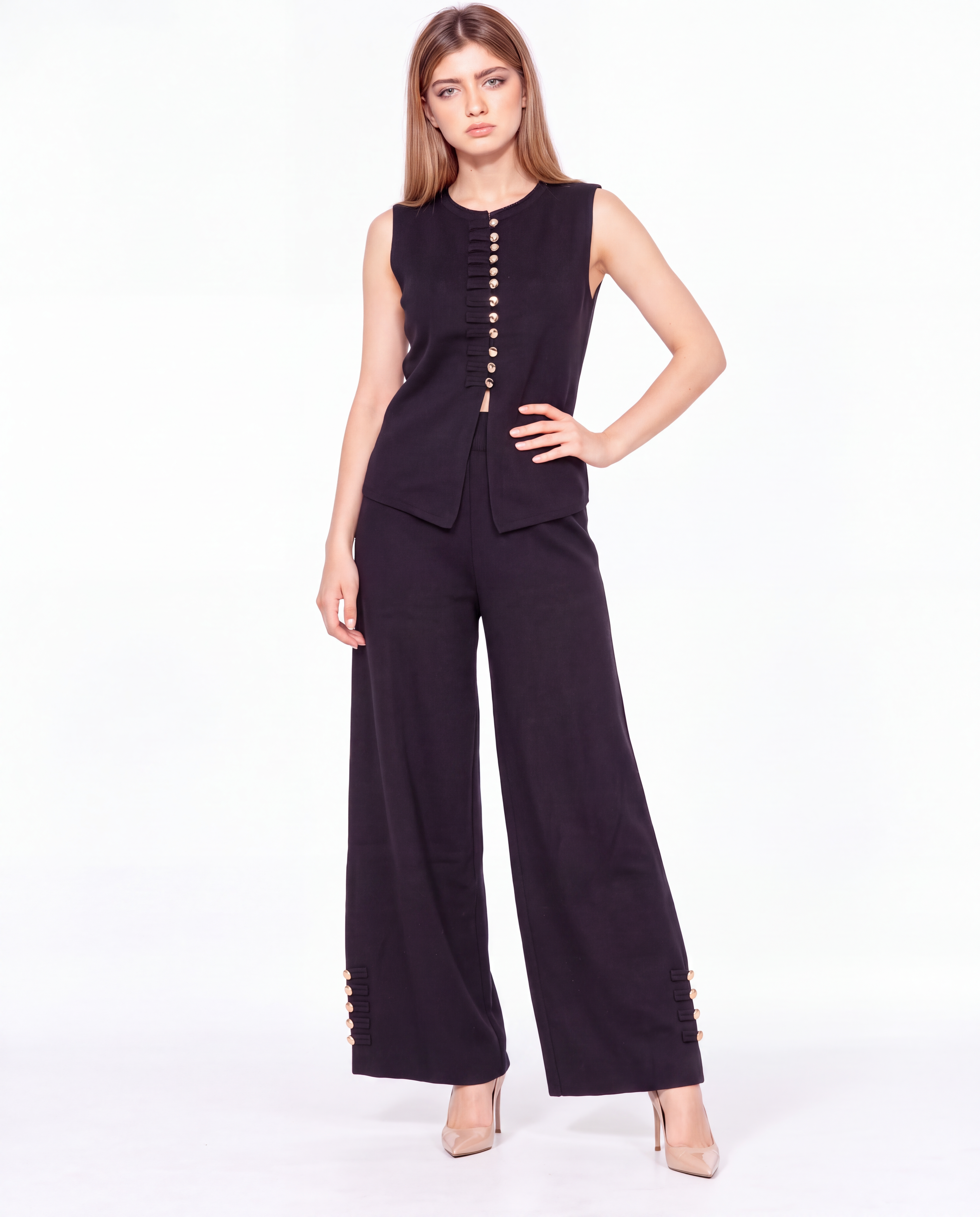 Sleeveless Button-Detail Vest & Wide-Leg Trousers Set 2135/157