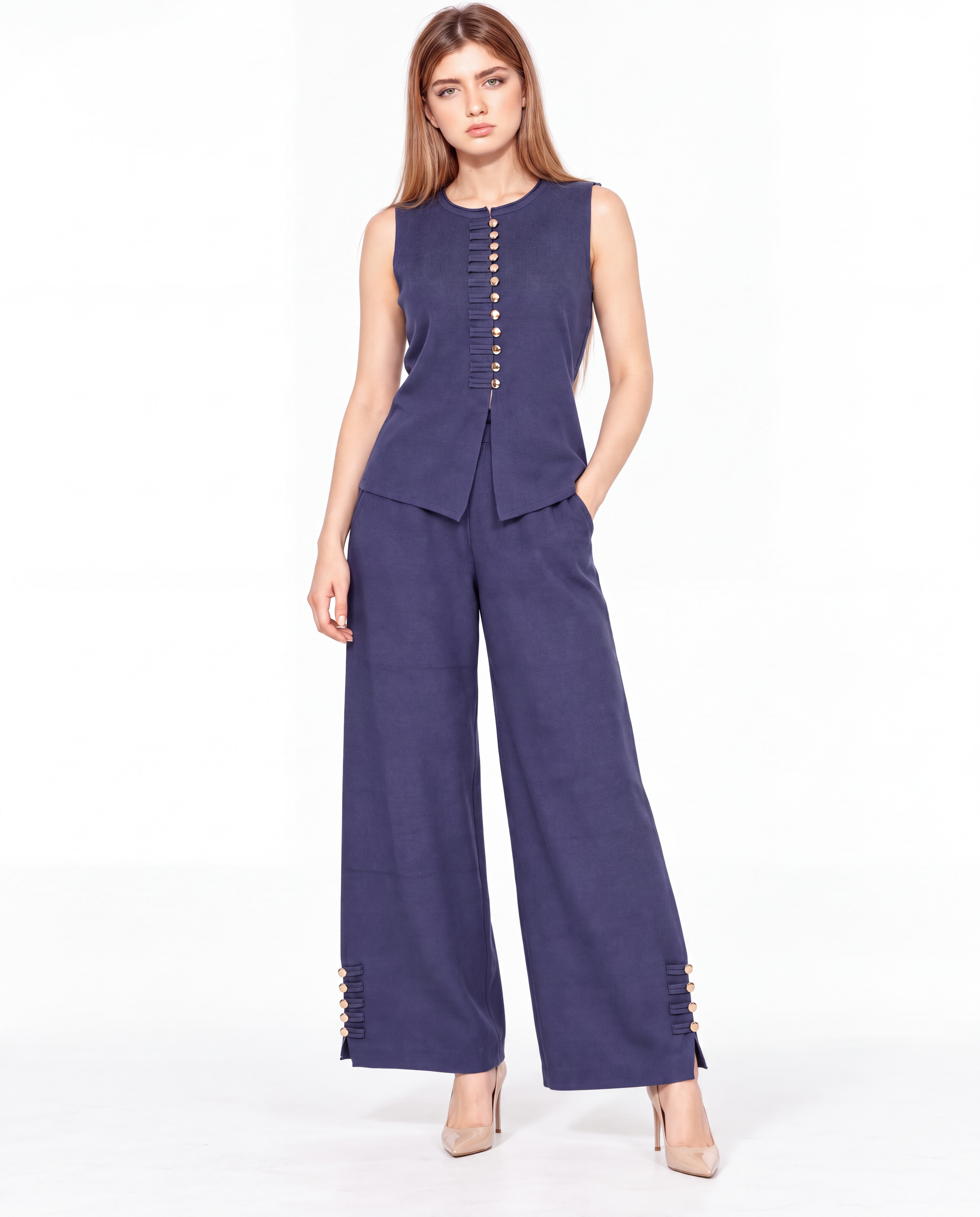 Sleeveless Button-Detail Vest & Wide-Leg Trousers Set 2135/157