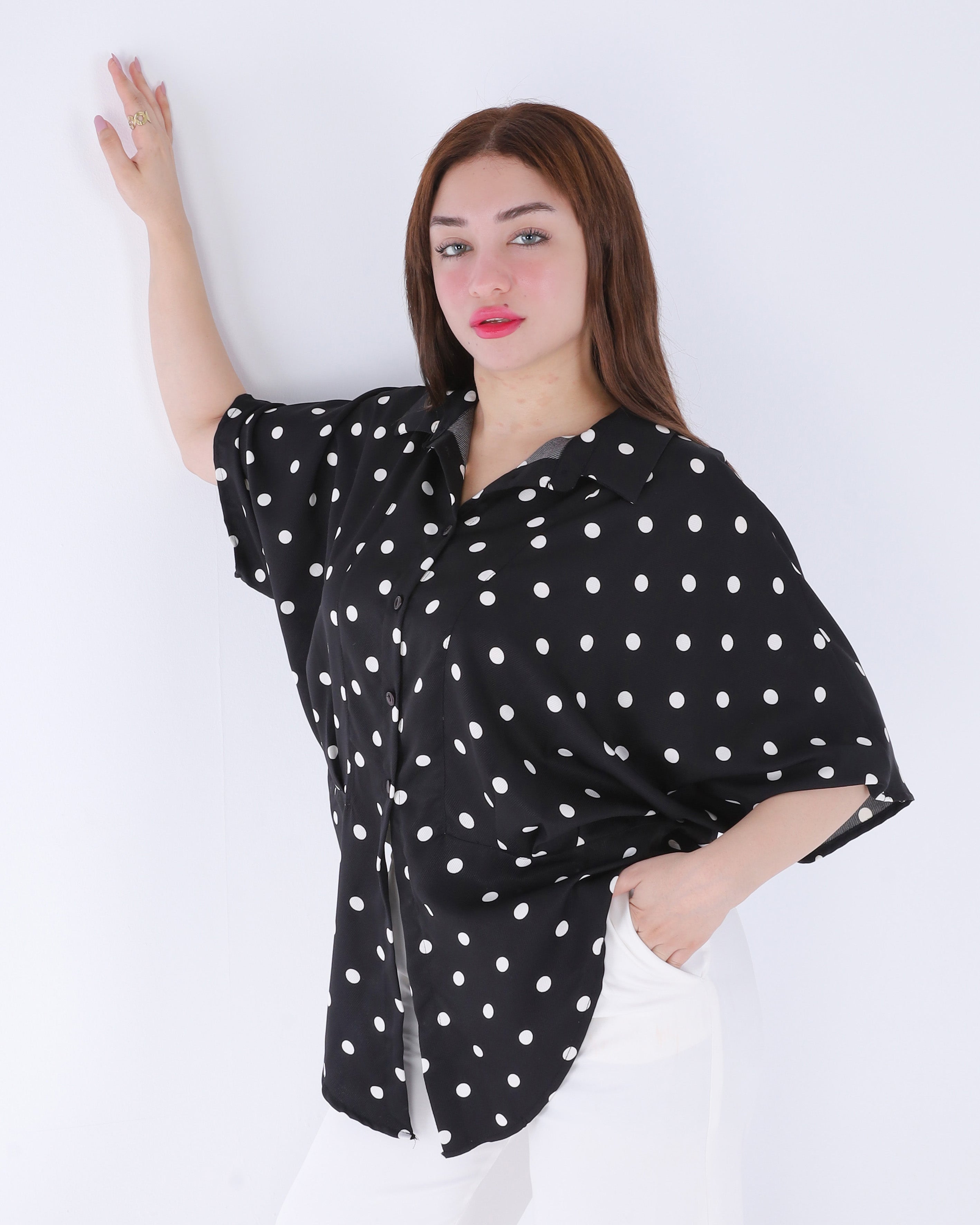 Polka Dot Button-Front Half Sleeve Blouse 209210128