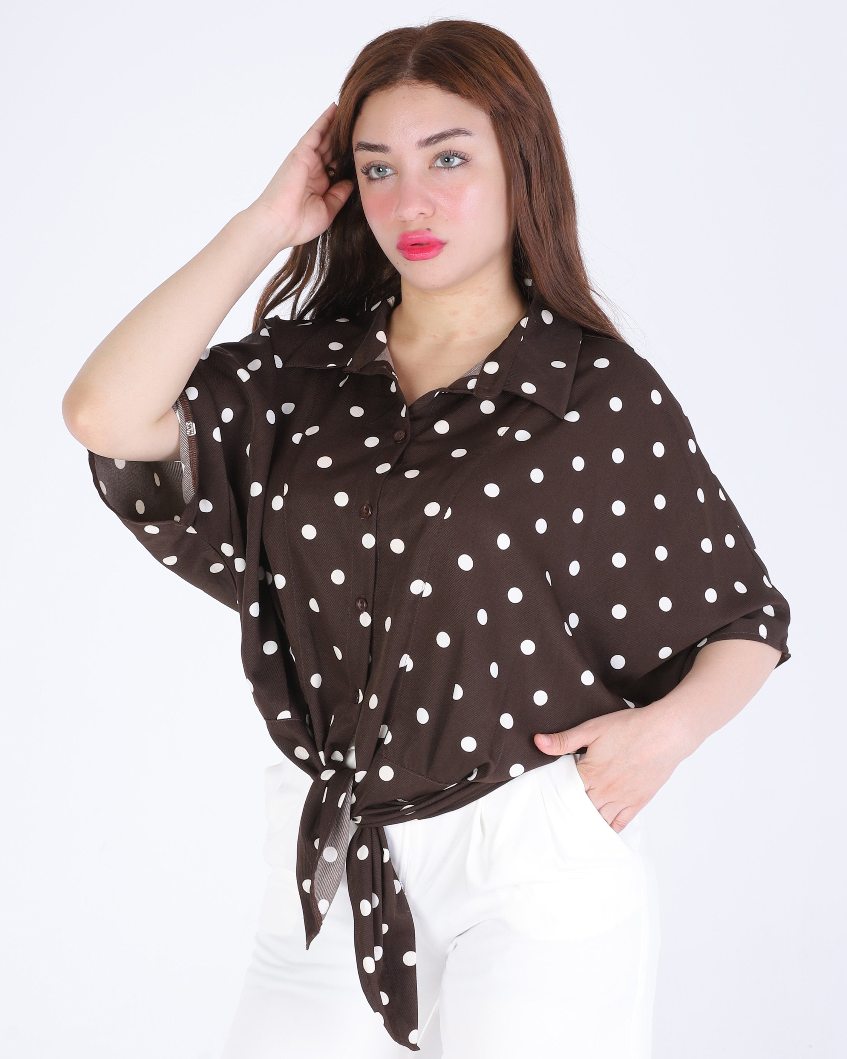 Polka Dot Button-Front Half Sleeve Blouse 209210128