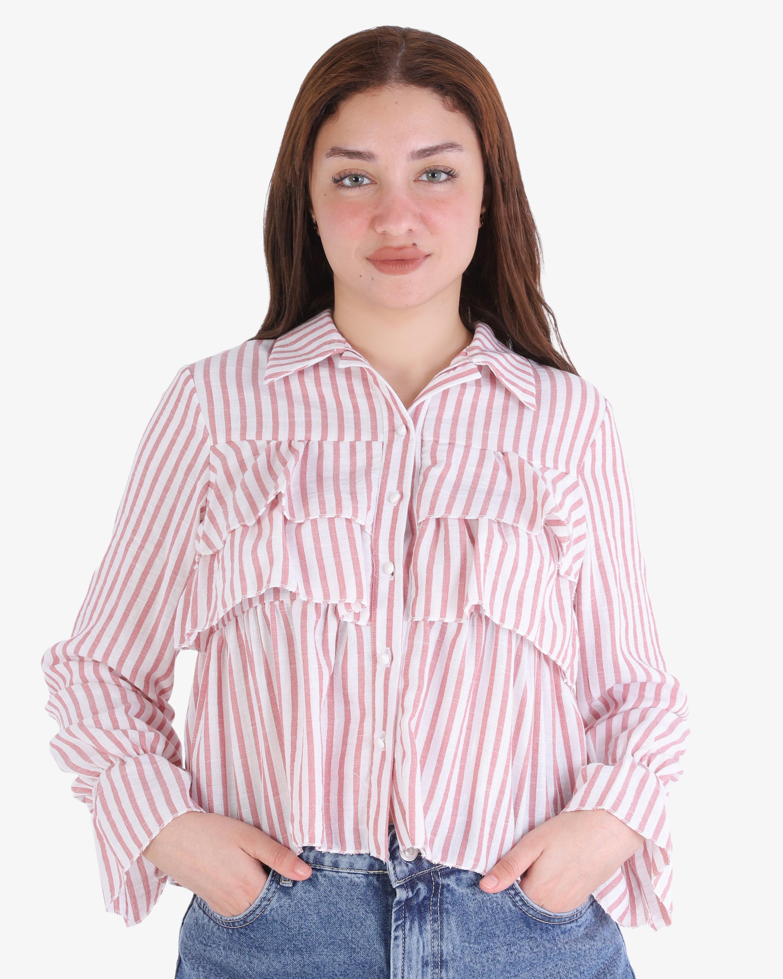 Striped Ruffle Blouse with Buttons 698675