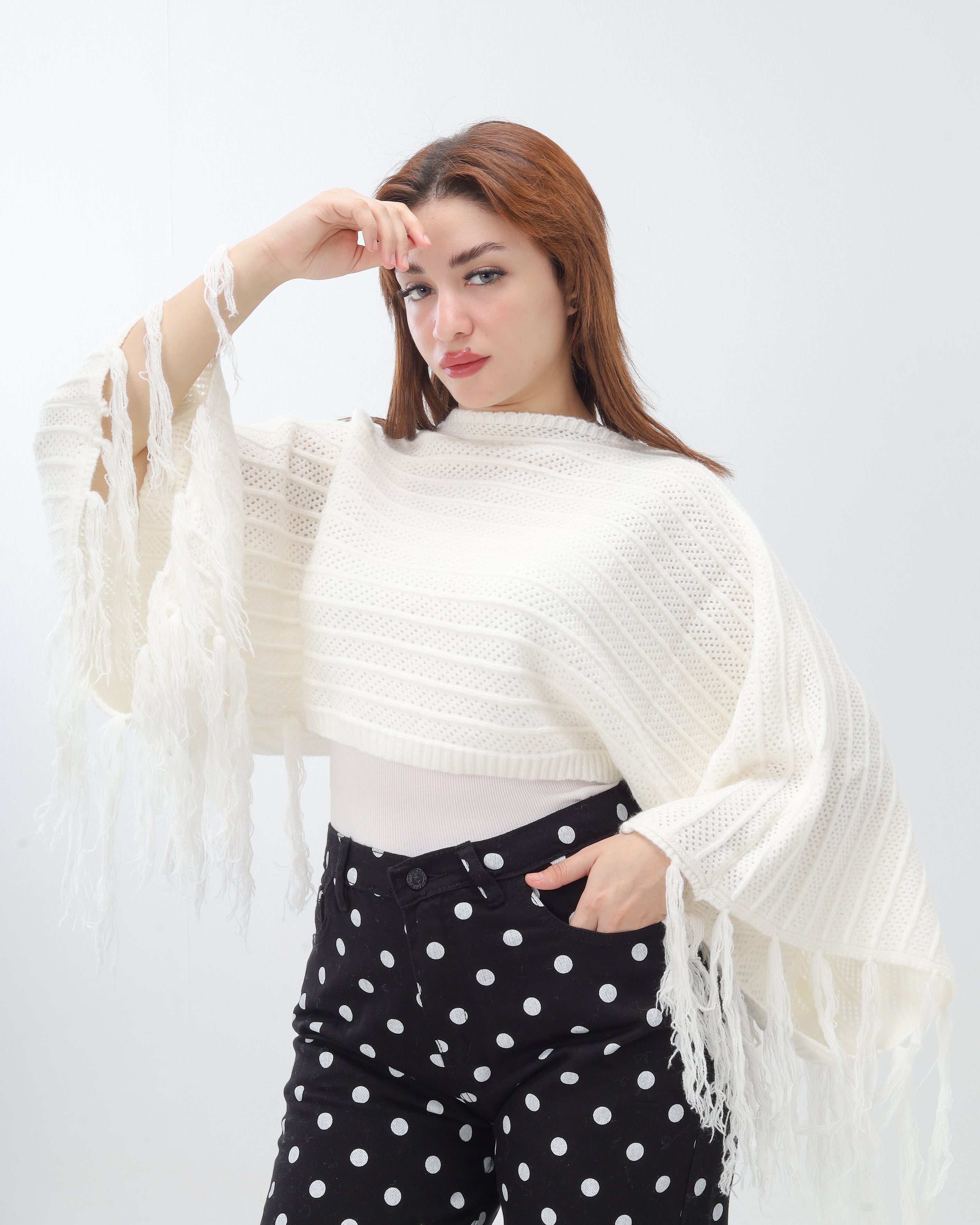 Short Knitted Fringe Poncho 2135/108