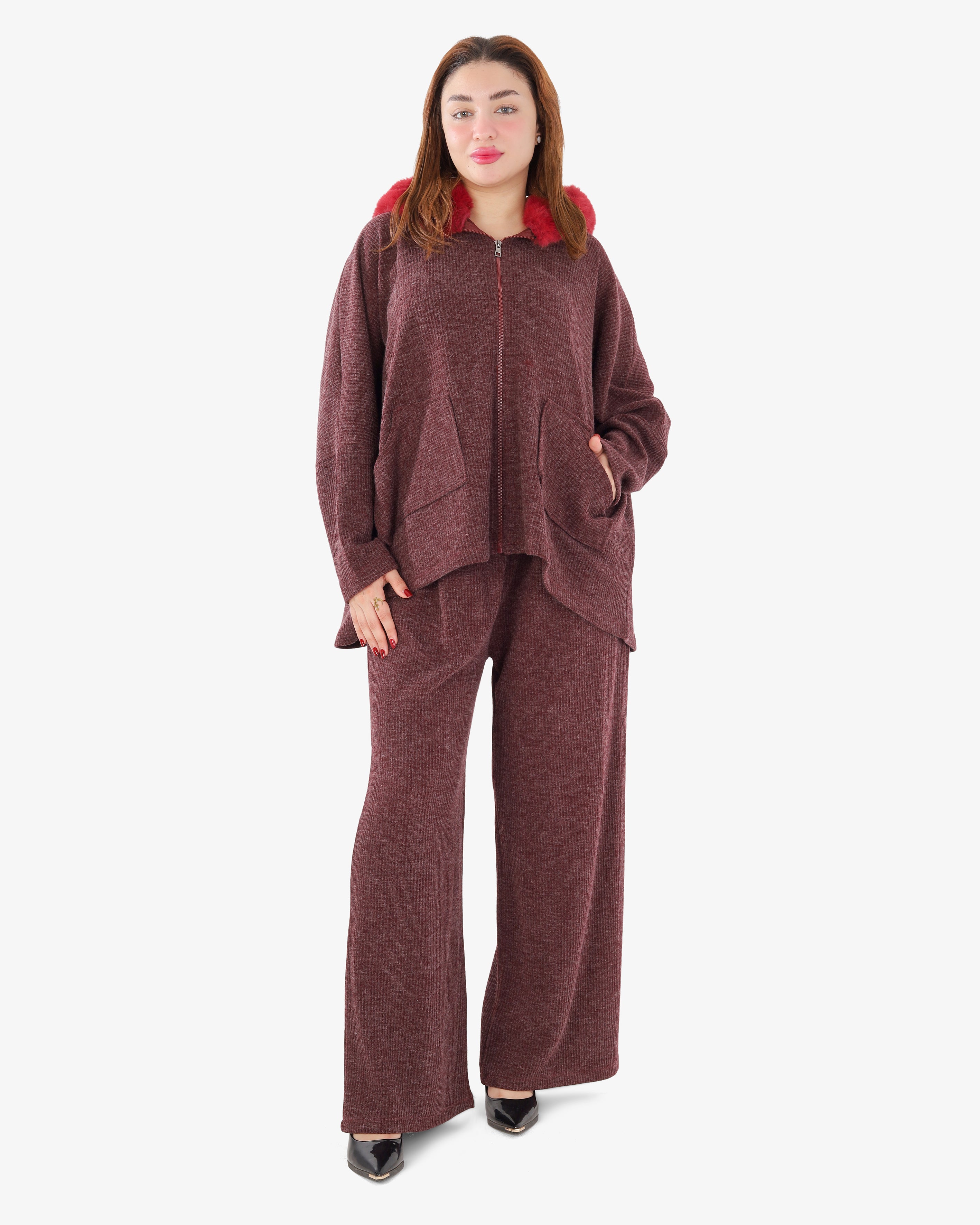 Ribbed Two-Piece Set with Fur-Lined Hood 2146/044