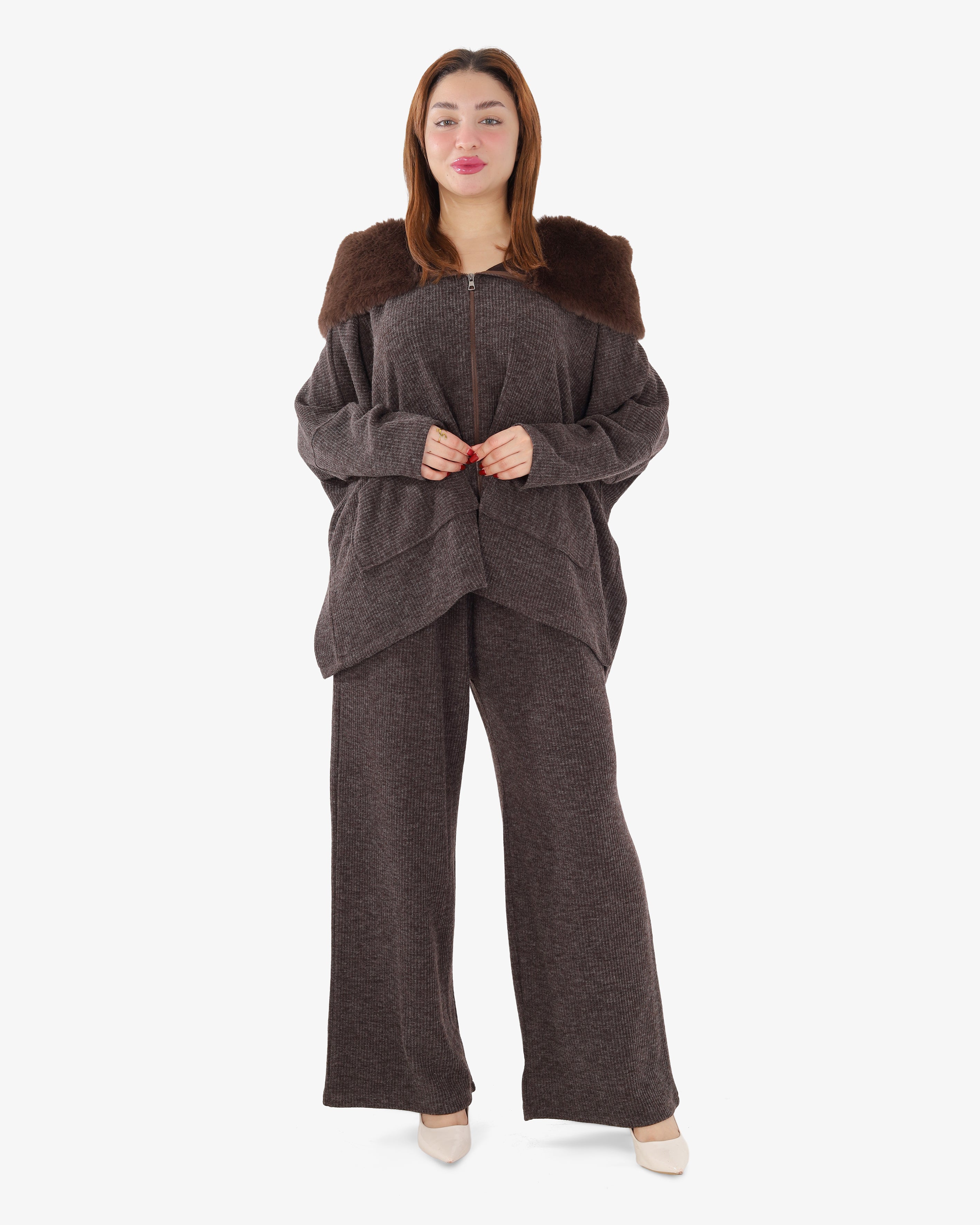 Ribbed Two-Piece Set with Fur-Lined Hood 2146/044