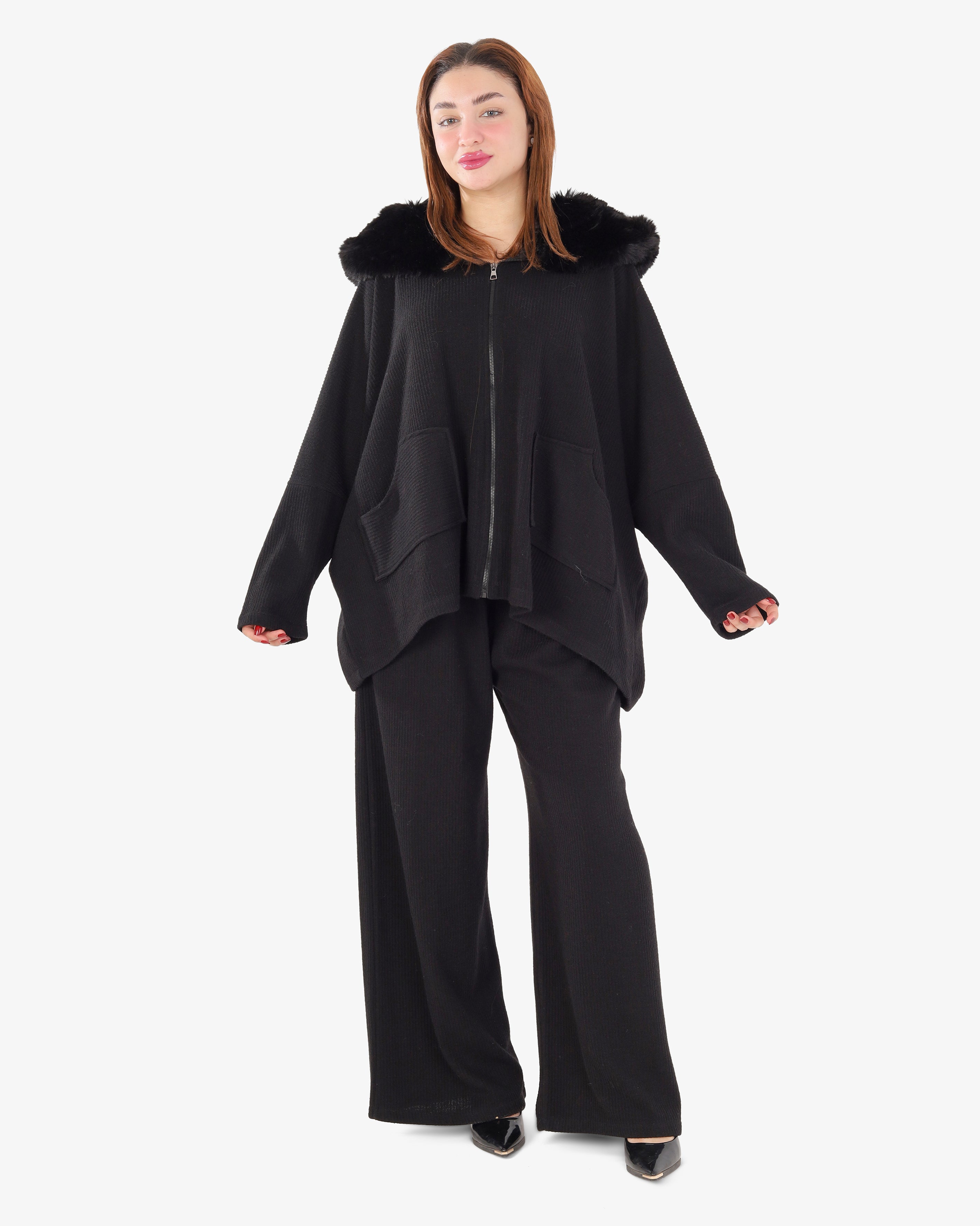 Ribbed Two-Piece Set with Fur-Lined Hood 2146/044