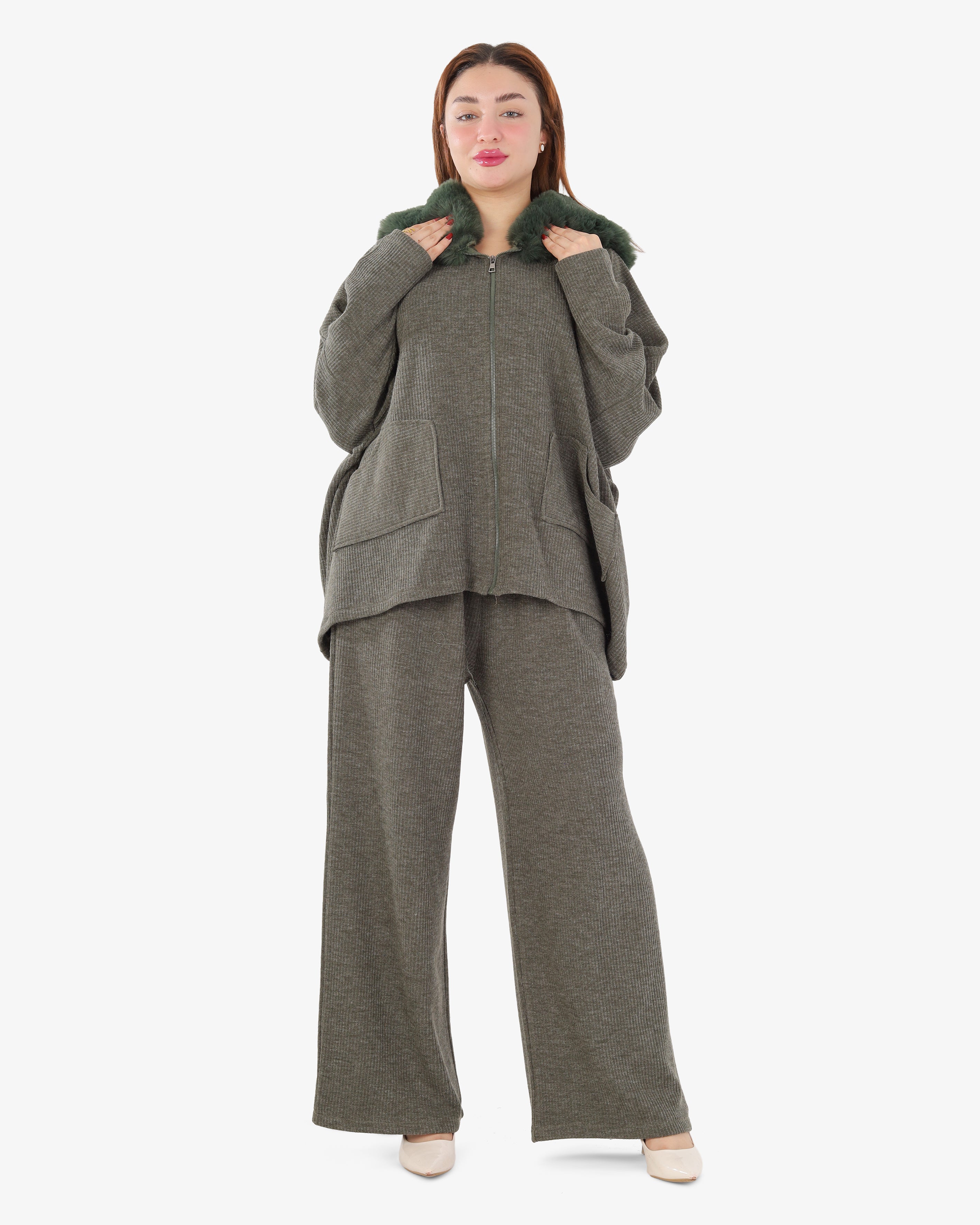 Ribbed Two-Piece Set with Fur-Lined Hood 2146/044