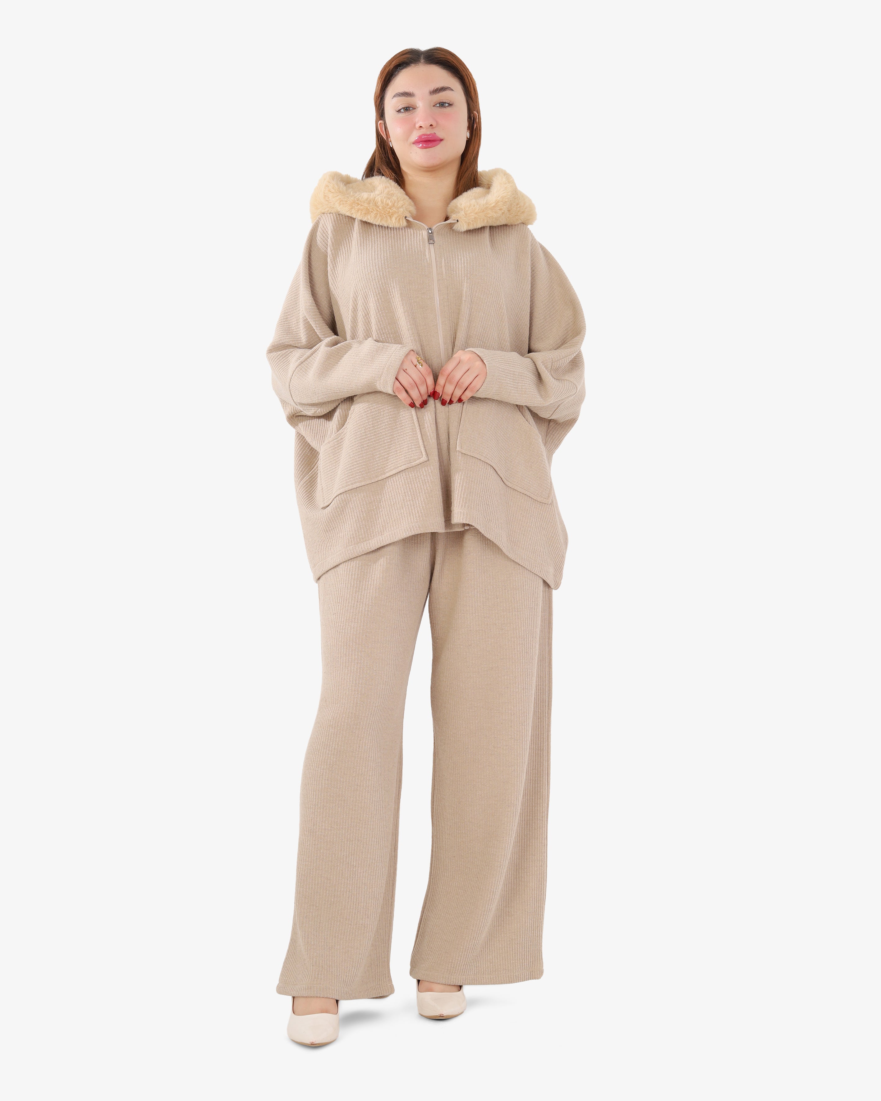 Ribbed Two-Piece Set with Fur-Lined Hood 2146/044