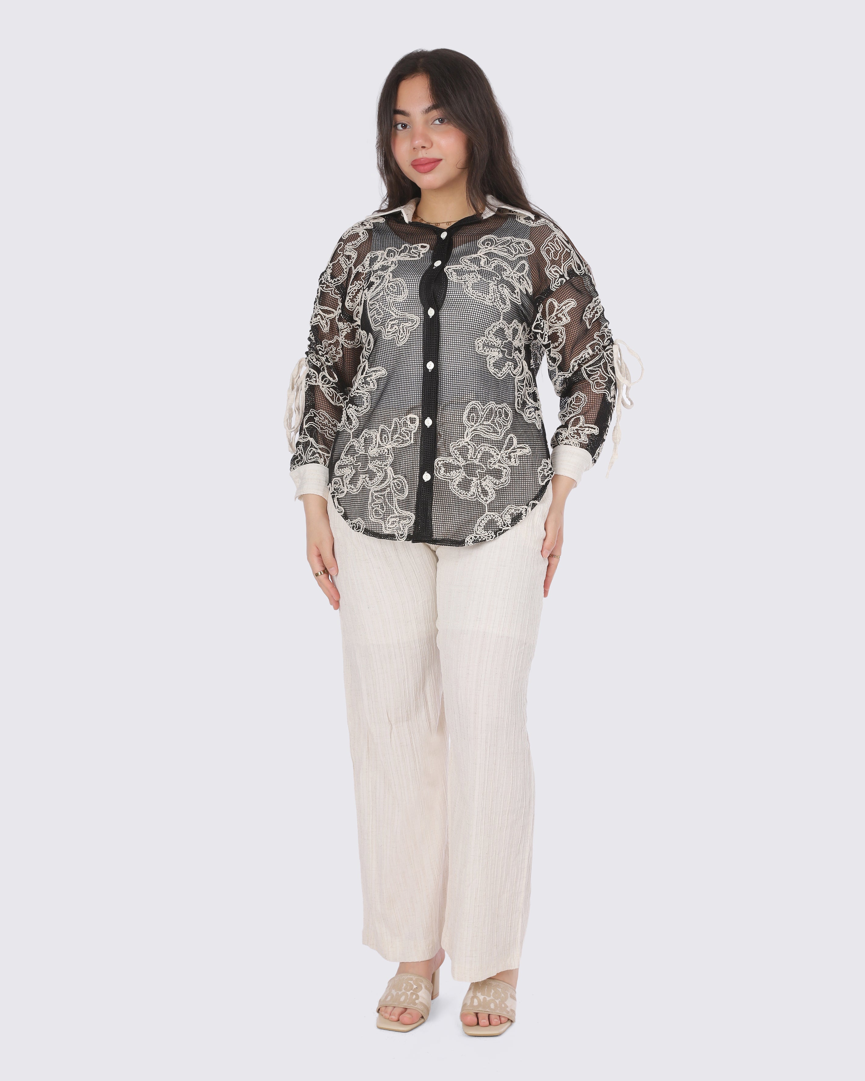Embroidered Sheer Shirt & Pants Set 206640807