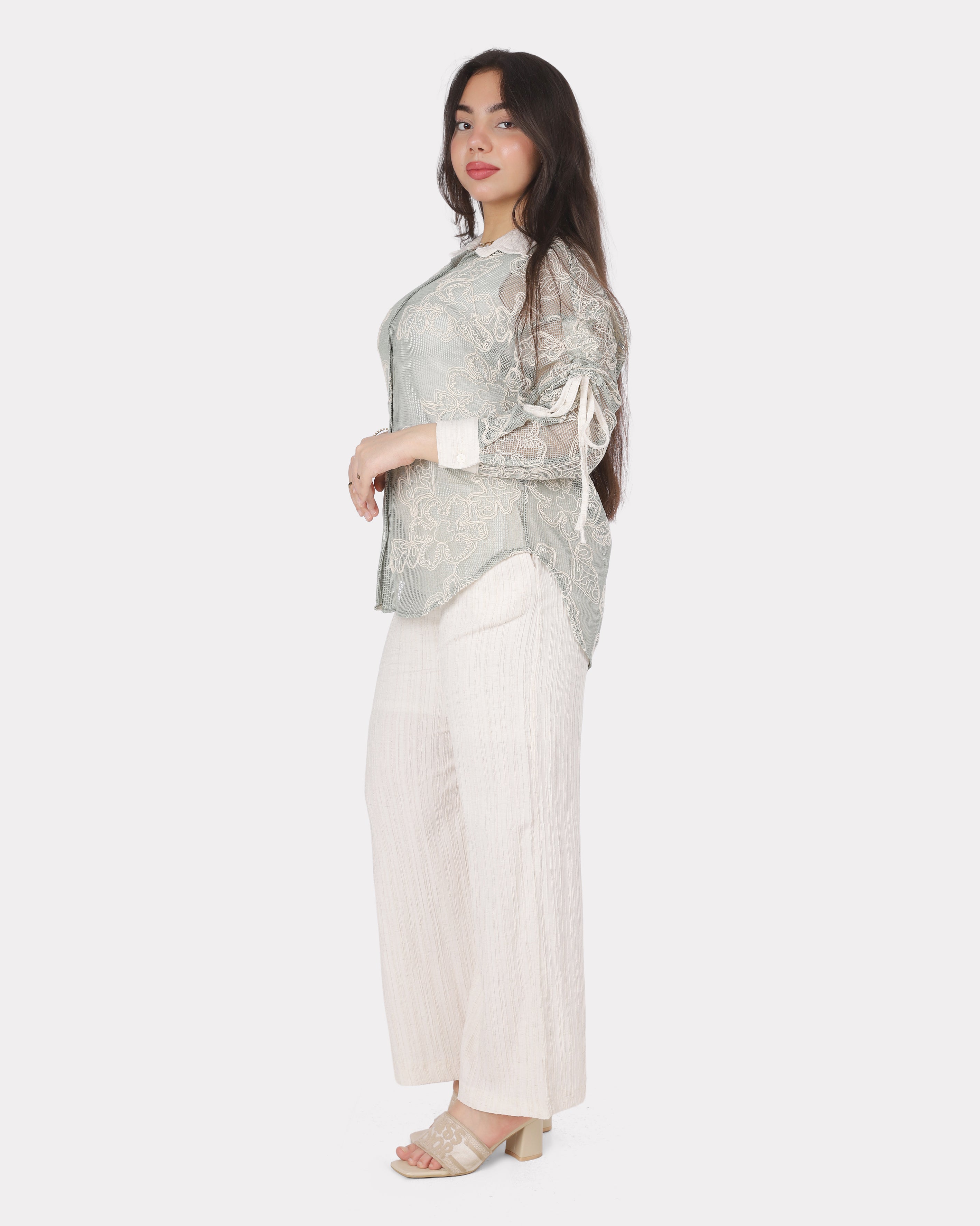 Embroidered Sheer Shirt & Pants Set 206640807