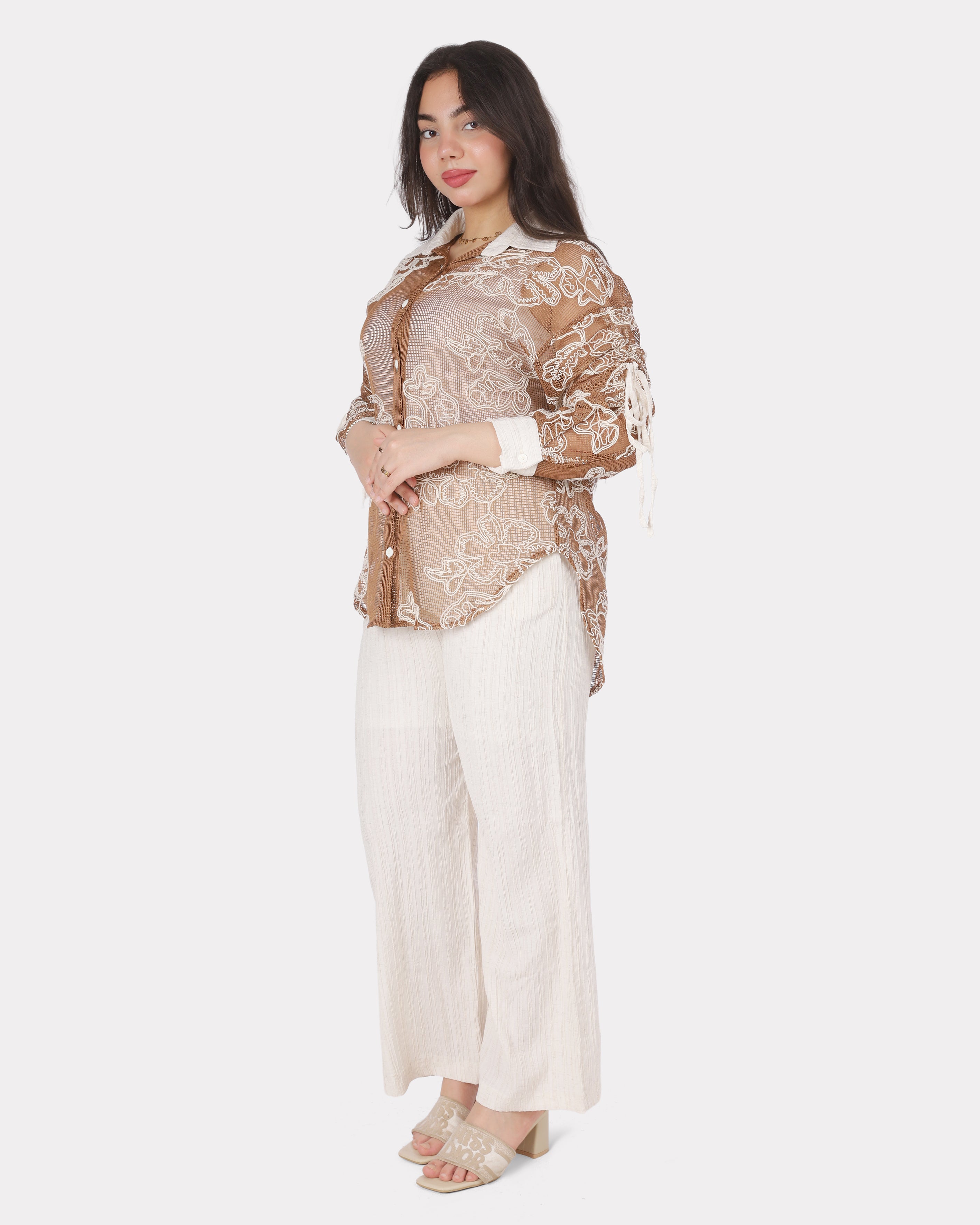 Embroidered Sheer Shirt & Pants Set 206640807