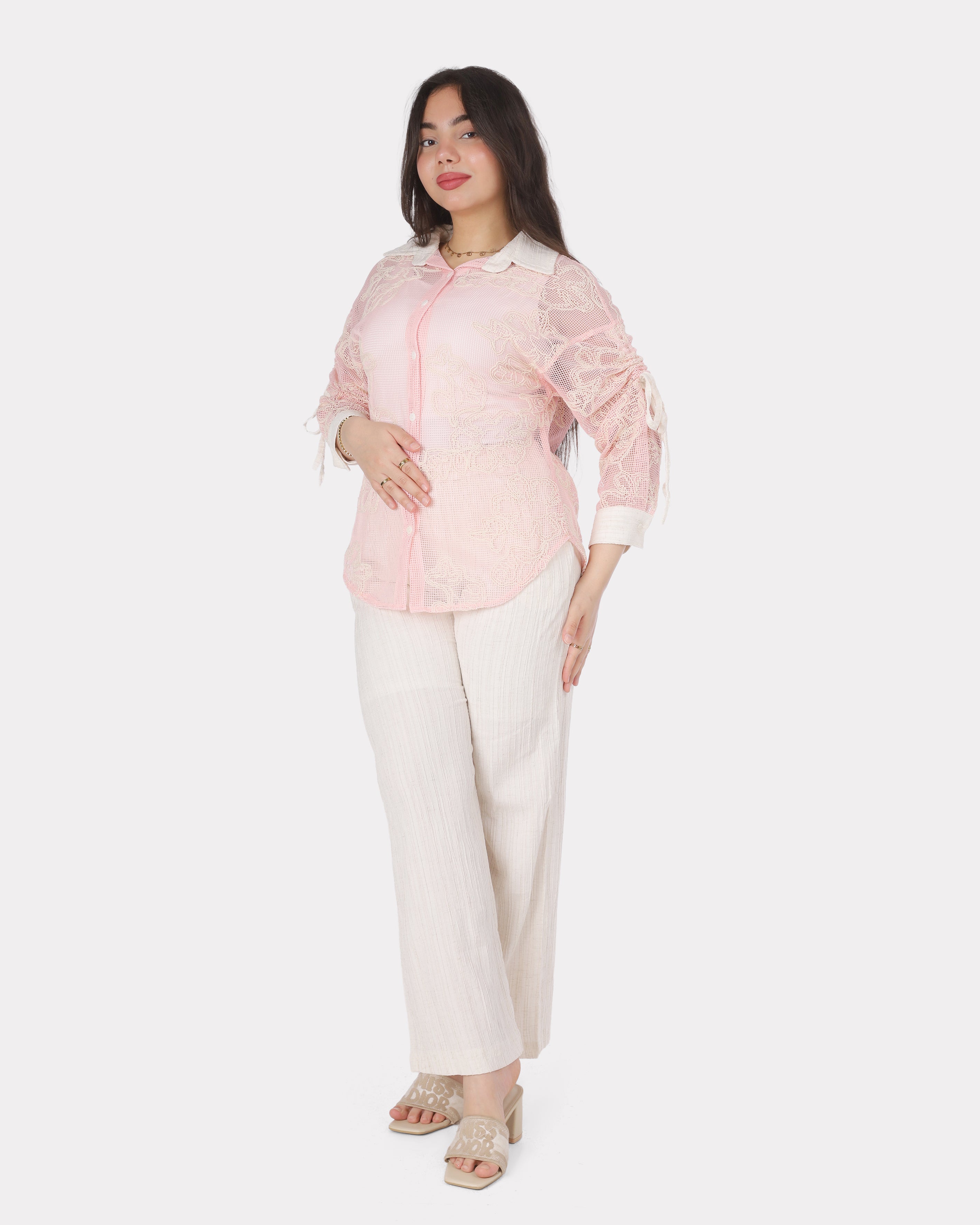 Embroidered Sheer Shirt & Pants Set 206640807
