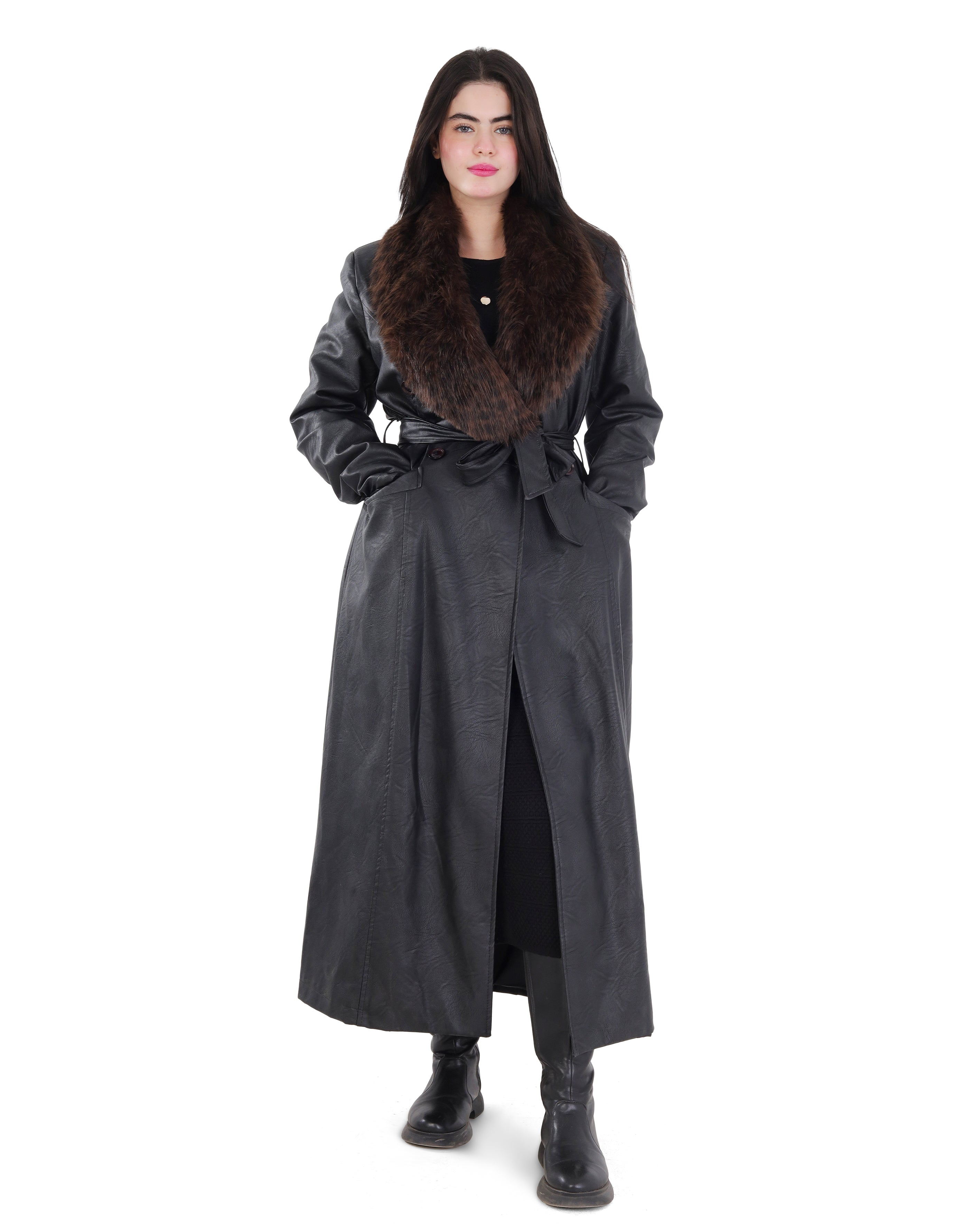 Faux Leather Trench Coat with Faux Fur Collar and Belt 21902031
