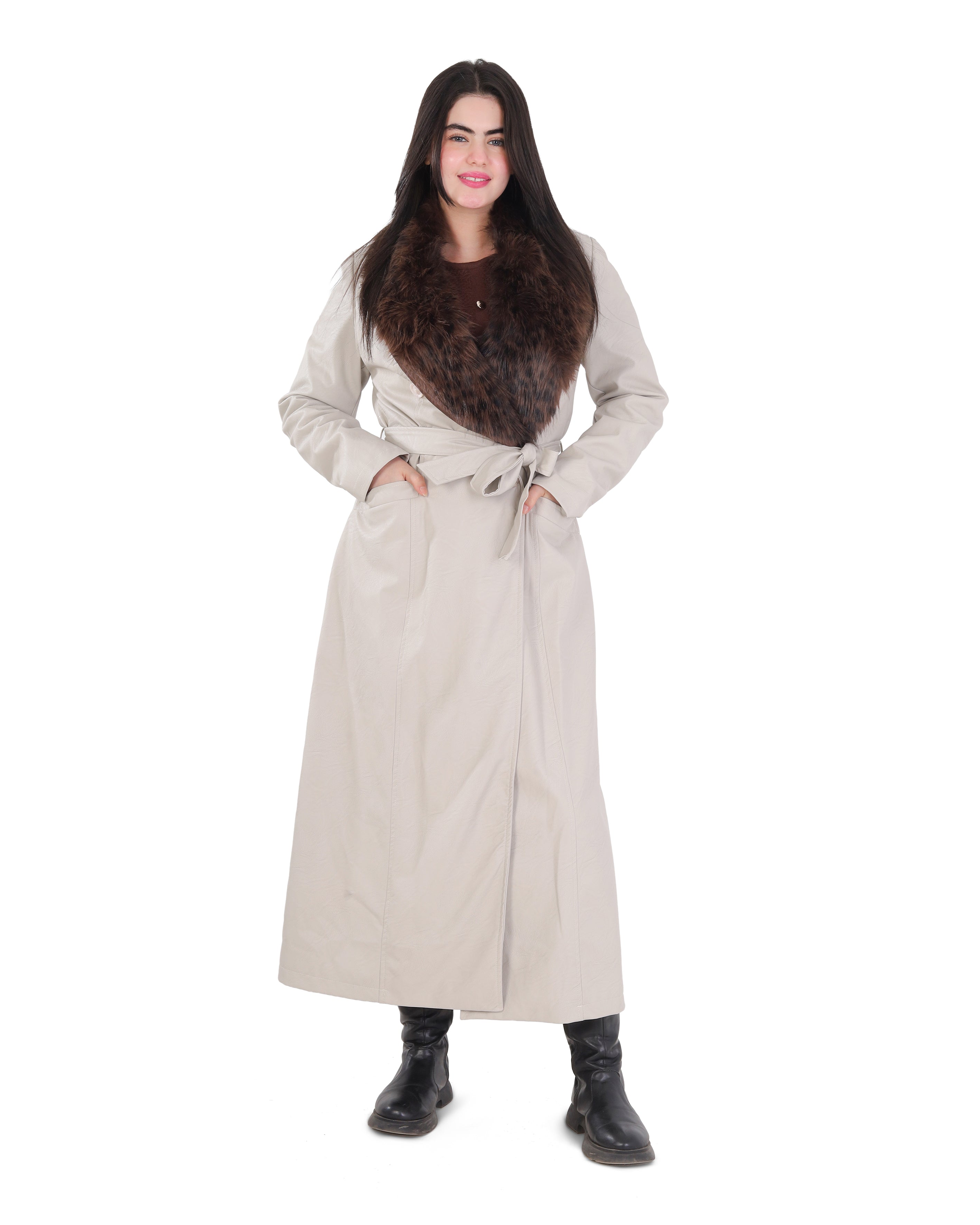 Faux Leather Trench Coat with Faux Fur Collar and Belt 21902031