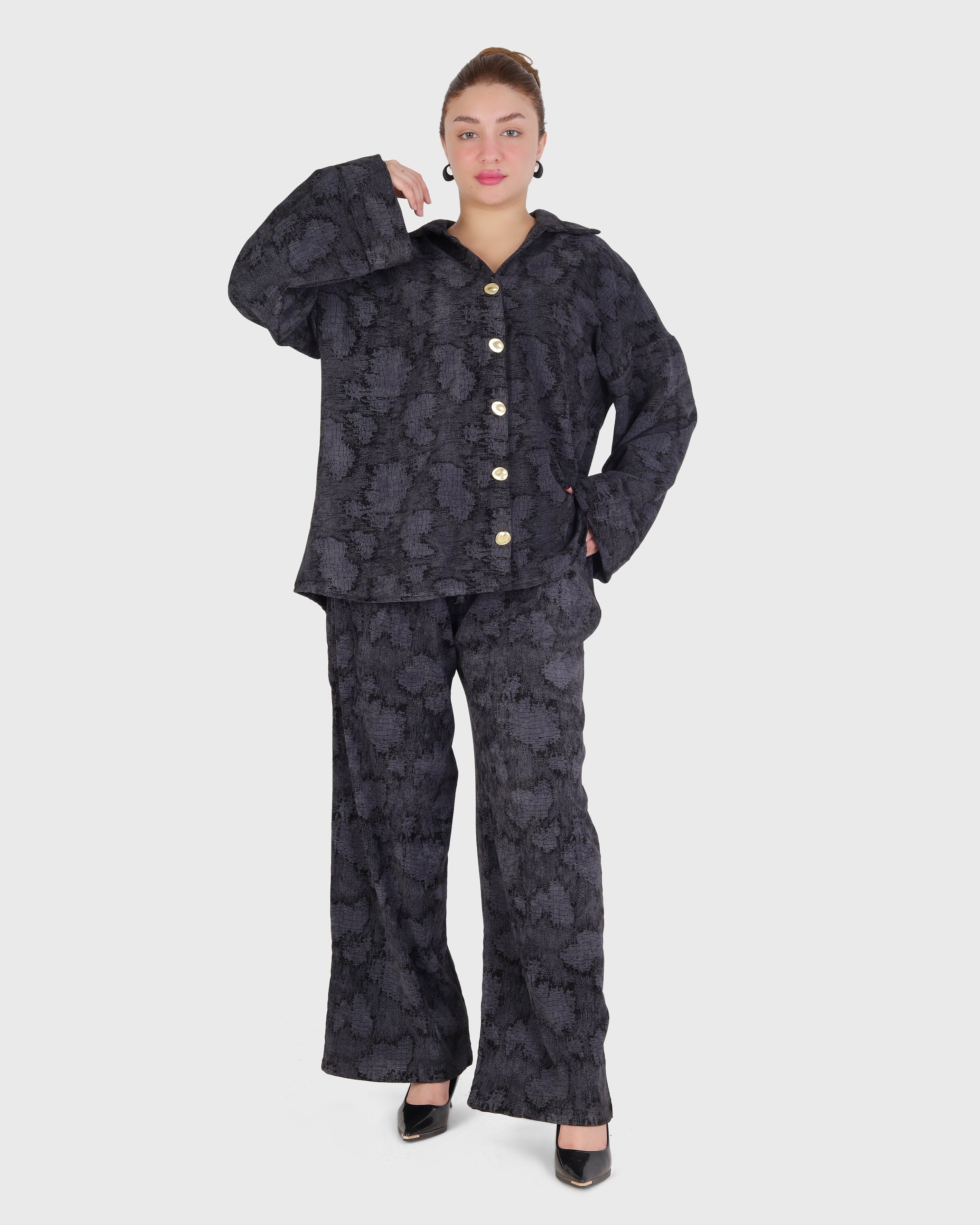 Textured Two-Piece Shirt and Wide-Leg Pants Set 2146/053