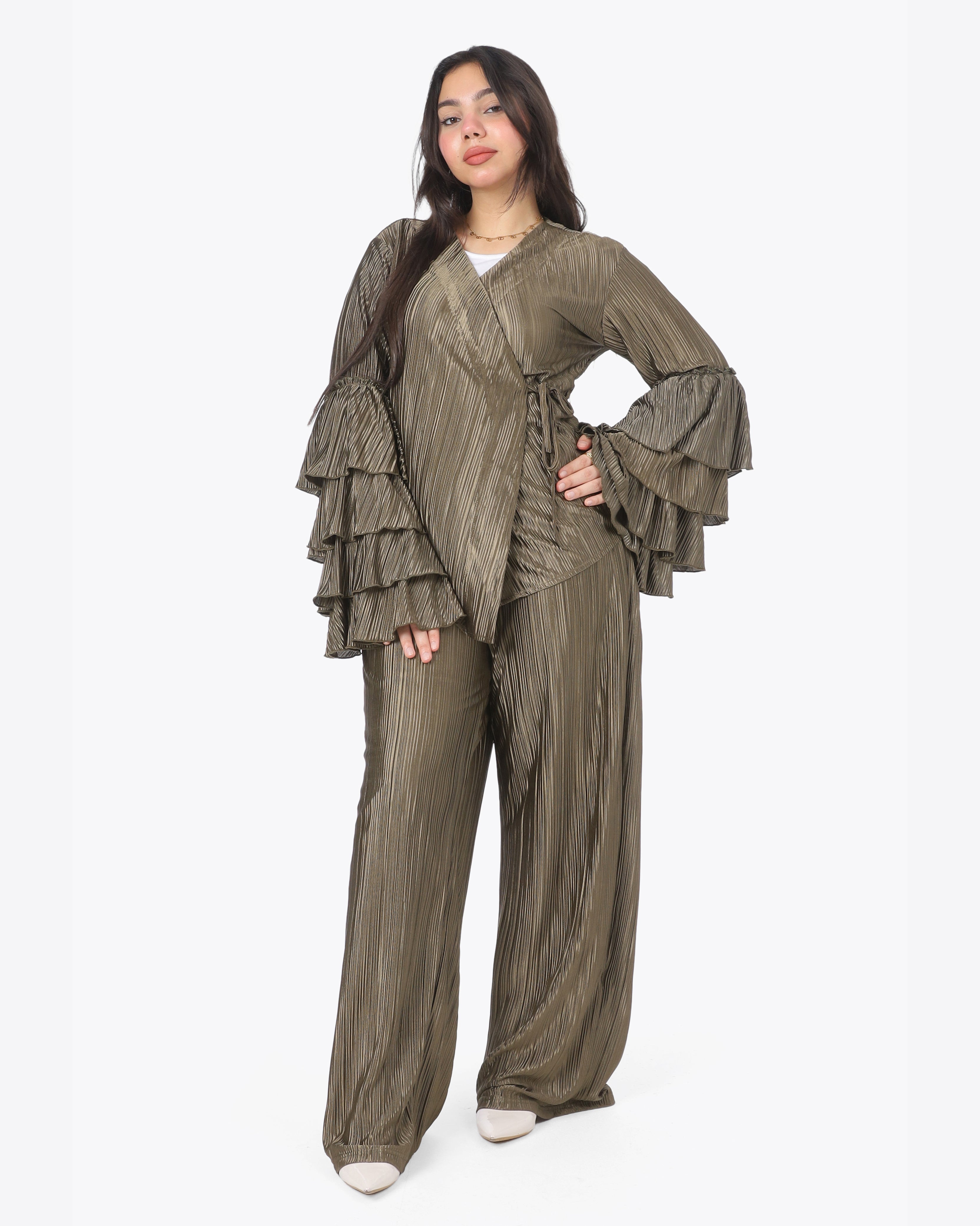 Metallic Wrap Blouse & Wide-Leg Pants Ensemble  2002/068/3