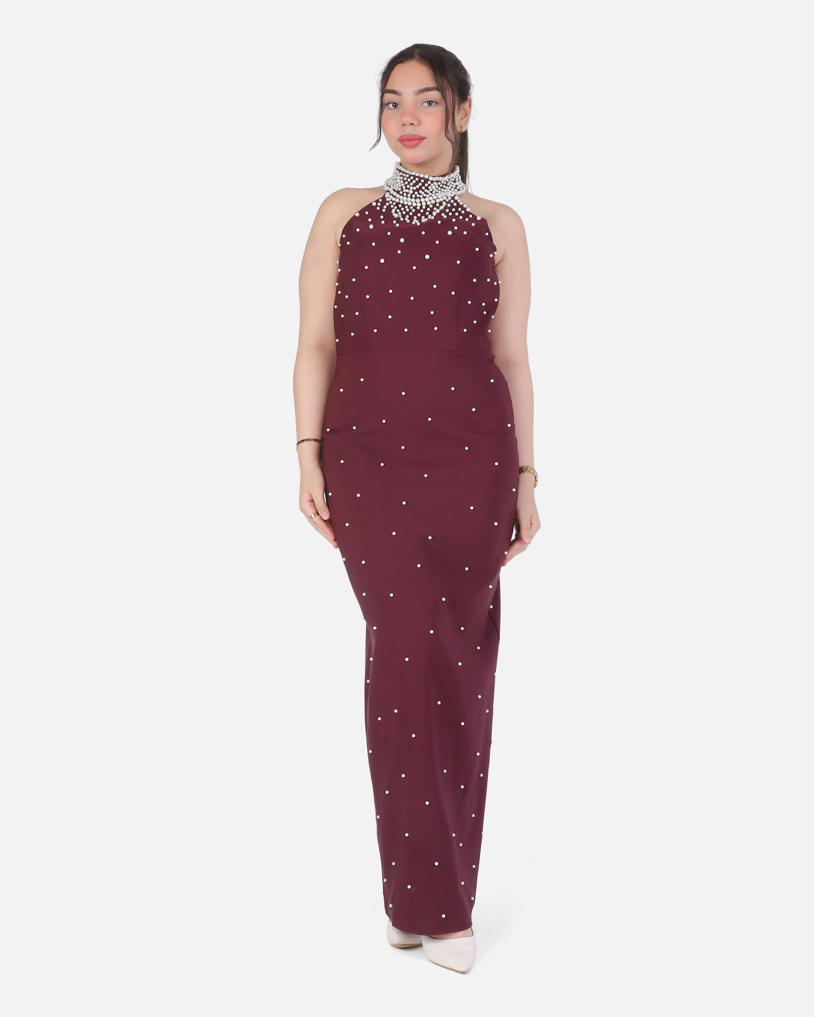 Embellished Pearl & Bead Halter Maxi Dress 7031080