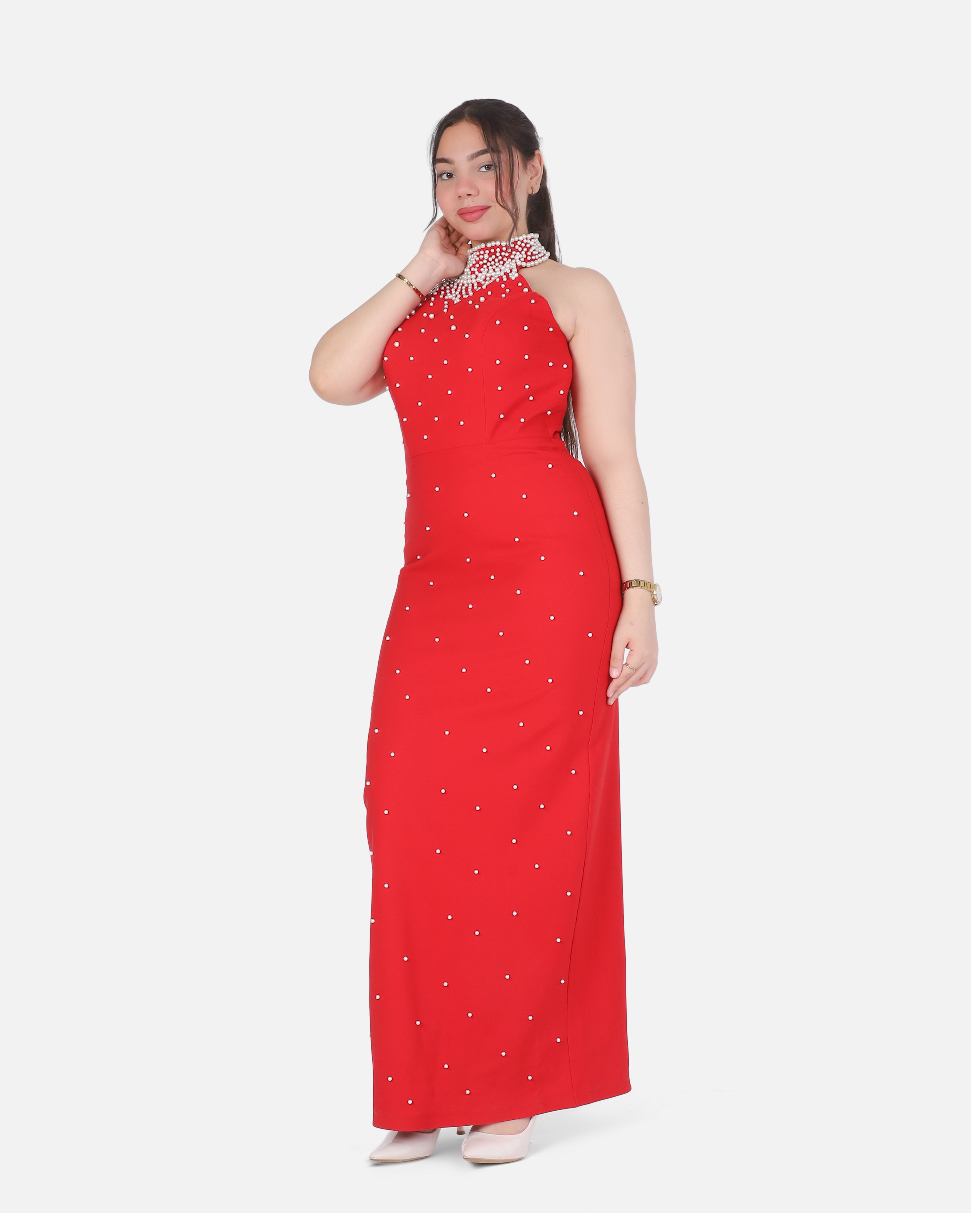 Embellished Pearl & Bead Halter Maxi Dress 7031080