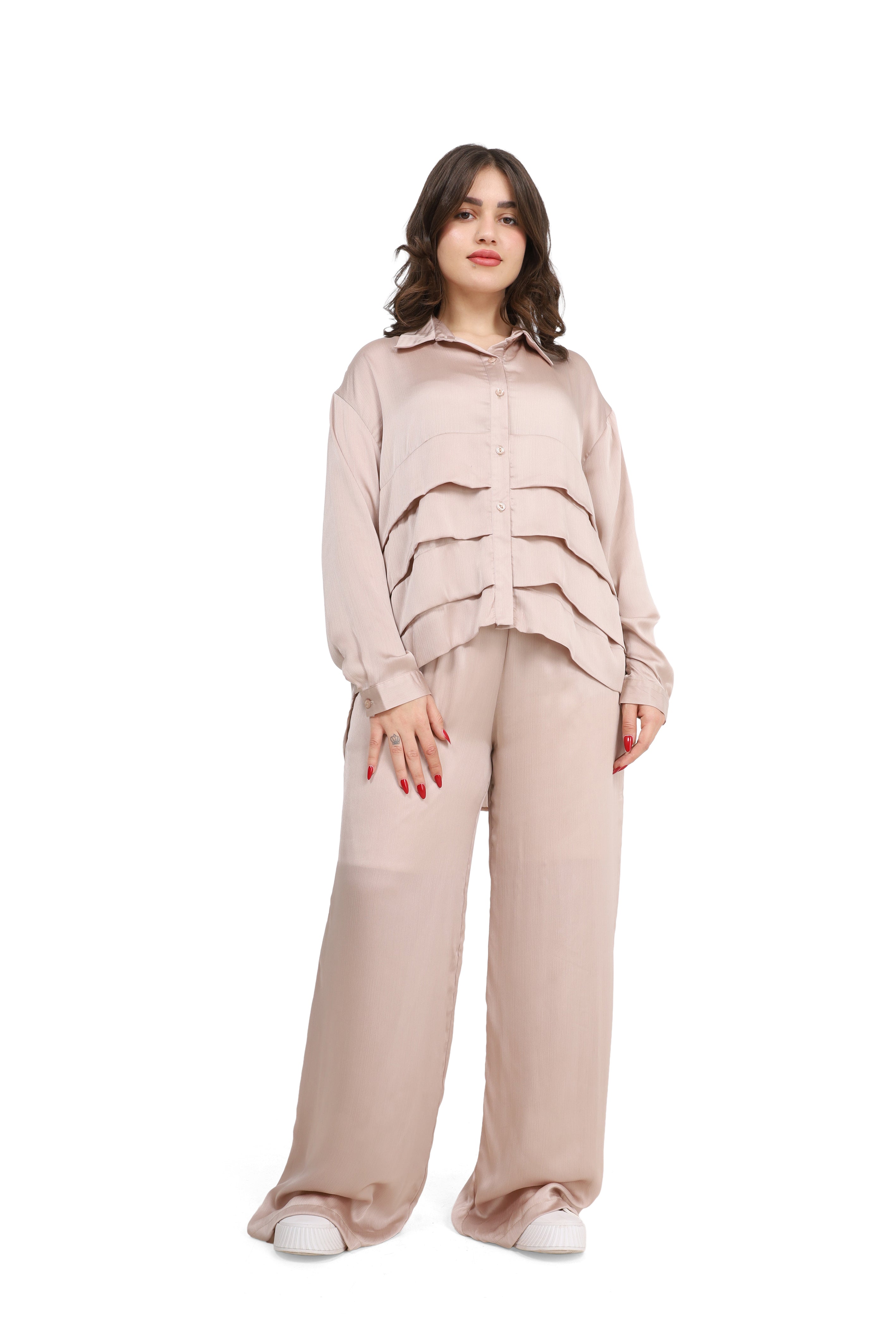 Ruffled Shirt & Wide-Leg Pants Co-Ord s1508686