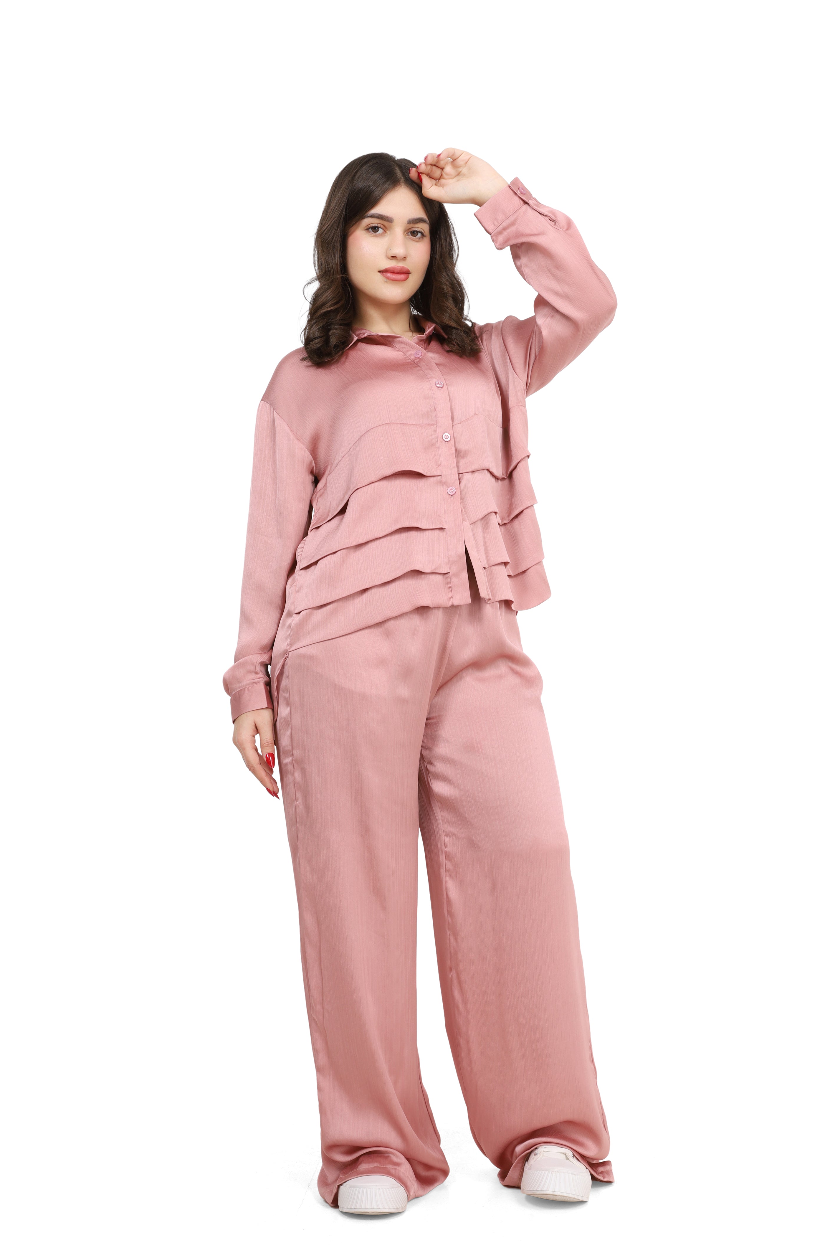 Ruffled Shirt & Wide-Leg Pants Co-Ord s1508686