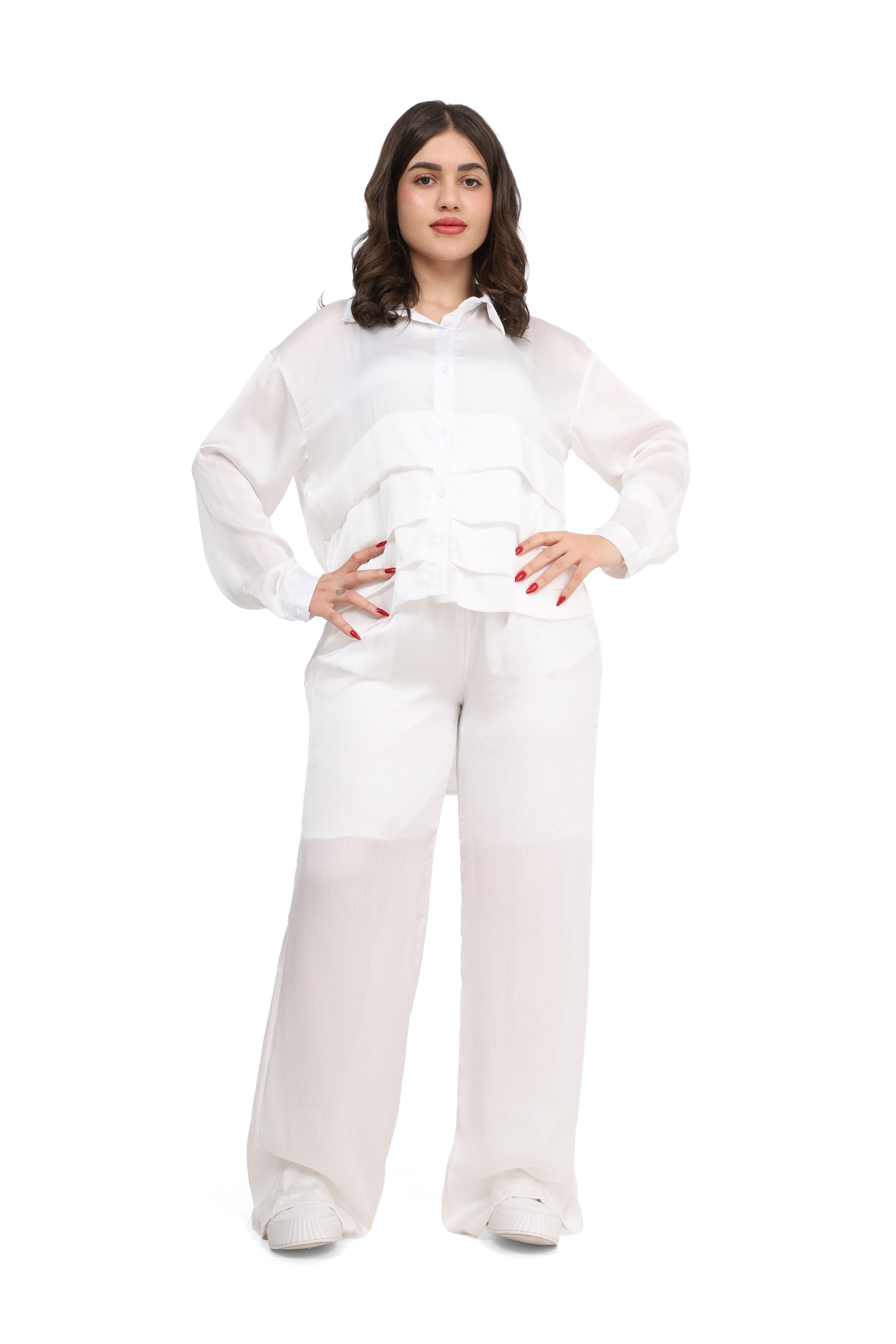 Ruffled Shirt & Wide-Leg Pants Co-Ord s1508686