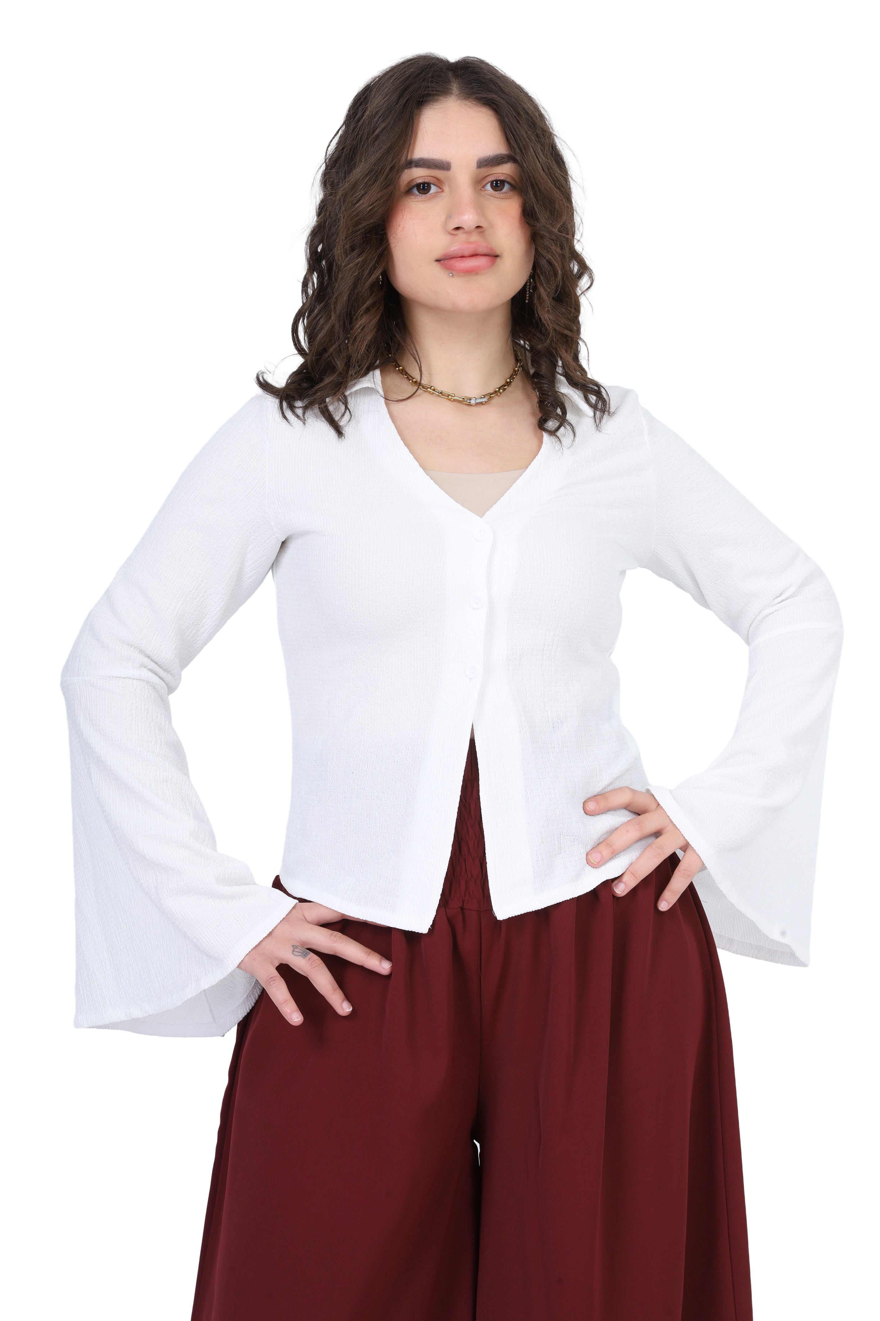 Cropped V-Neck Blouse with Wide Sleeves s1523597