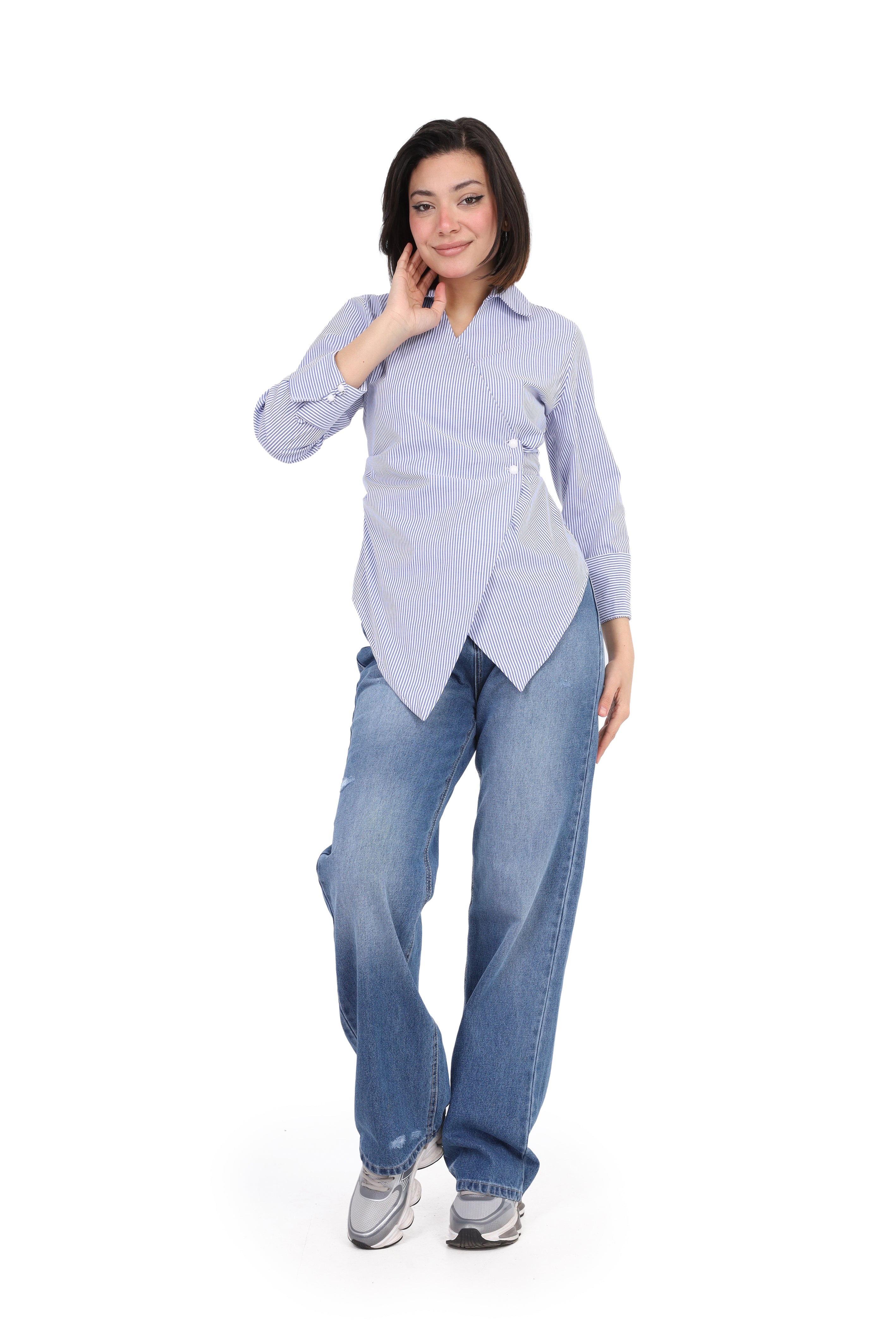 Asymmetrical Striped Wrap Blouse s1518513/1