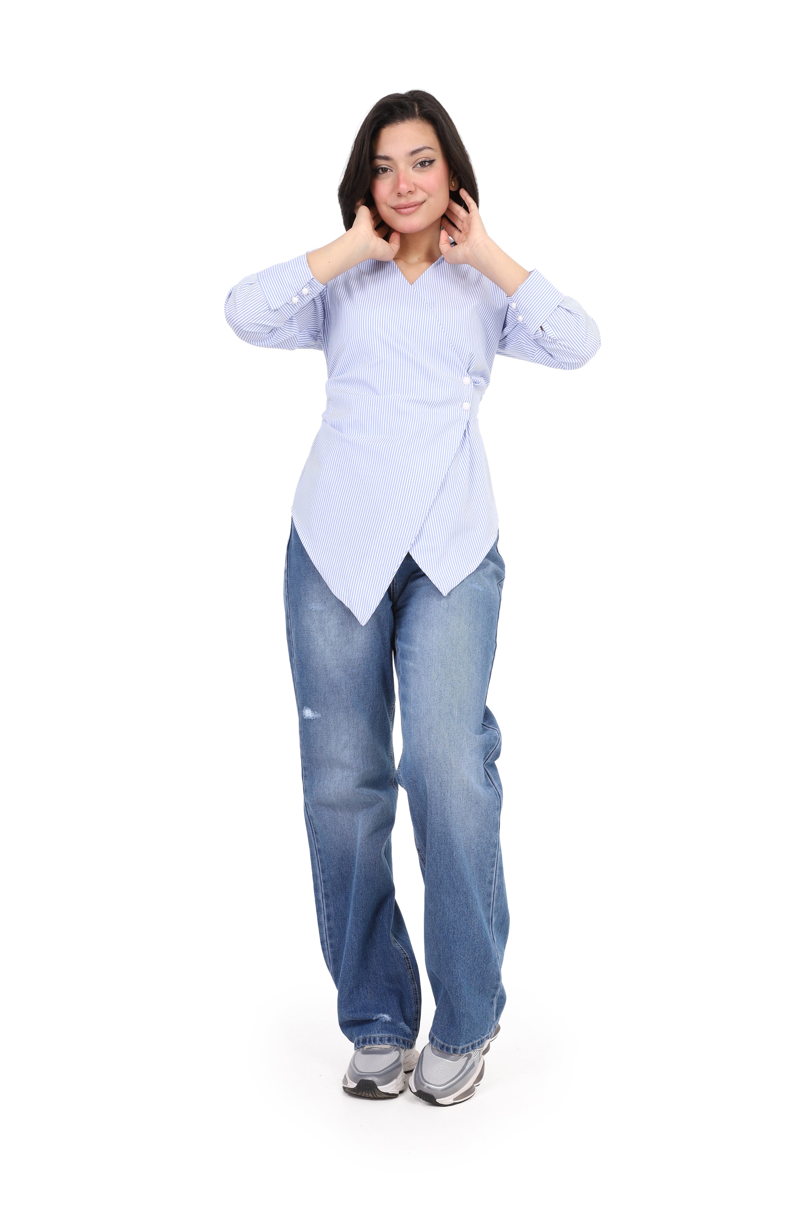 Asymmetrical Striped Wrap Blouse s1518513/1