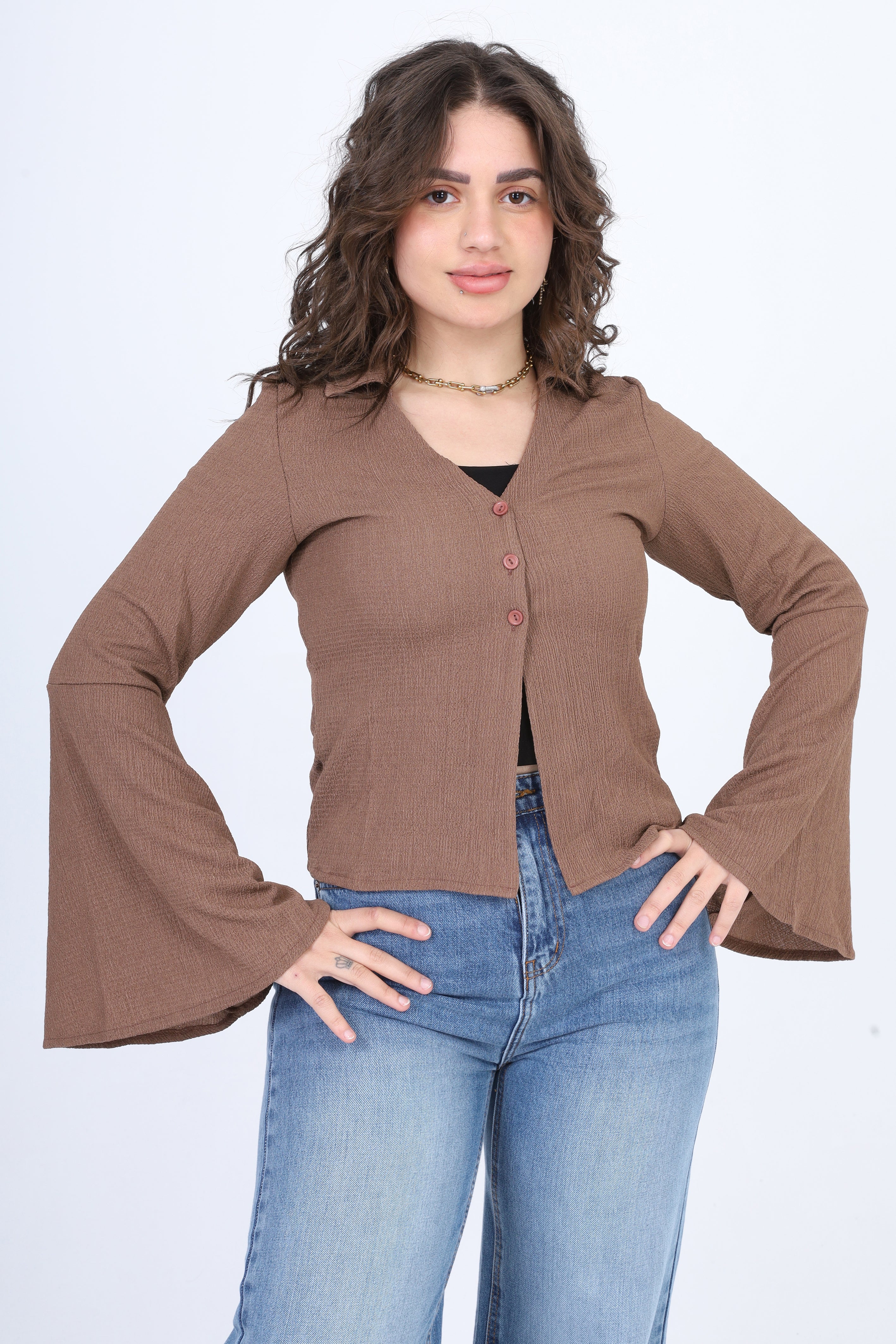 Cropped V-Neck Blouse with Wide Sleeves s1523597