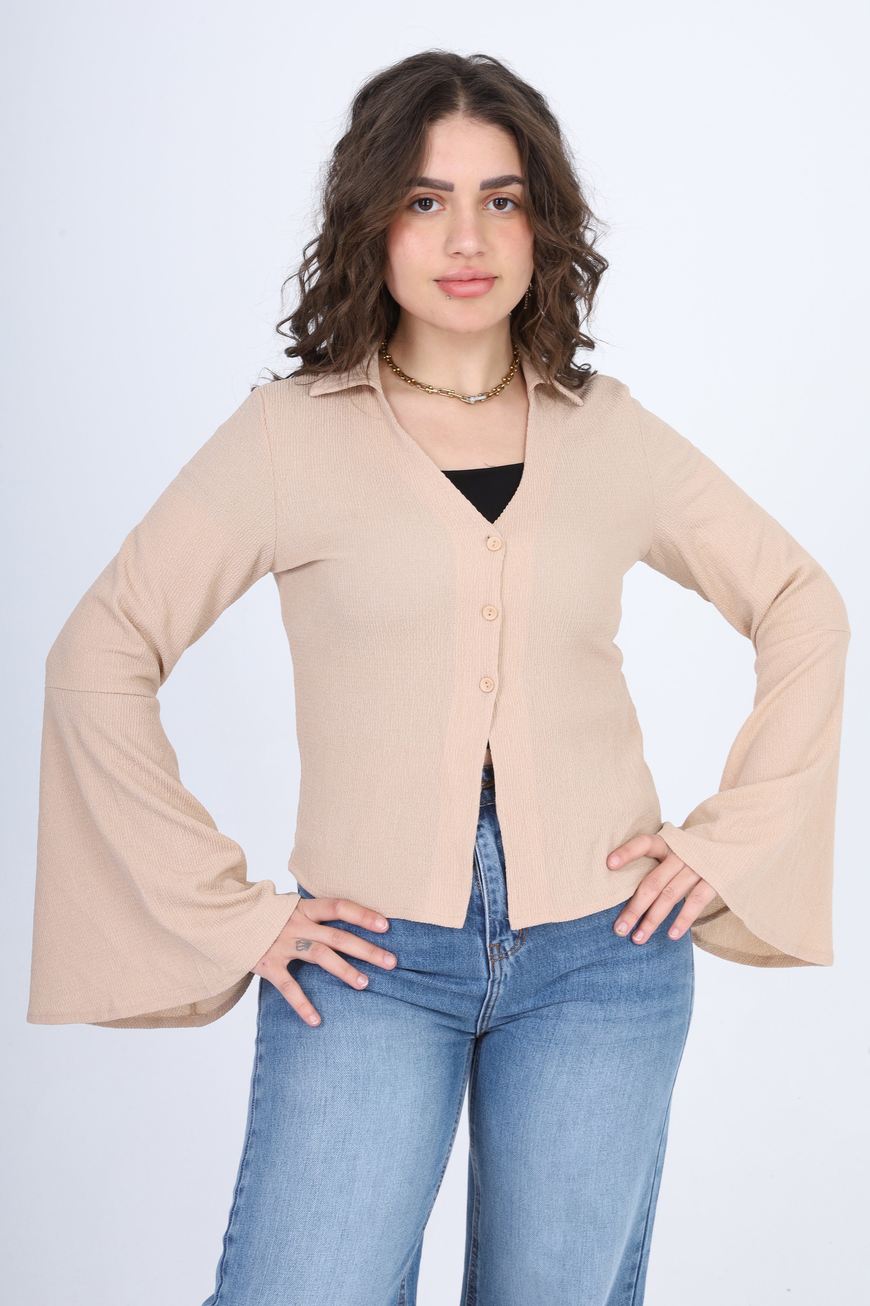 Cropped V-Neck Blouse with Wide Sleeves s1523597