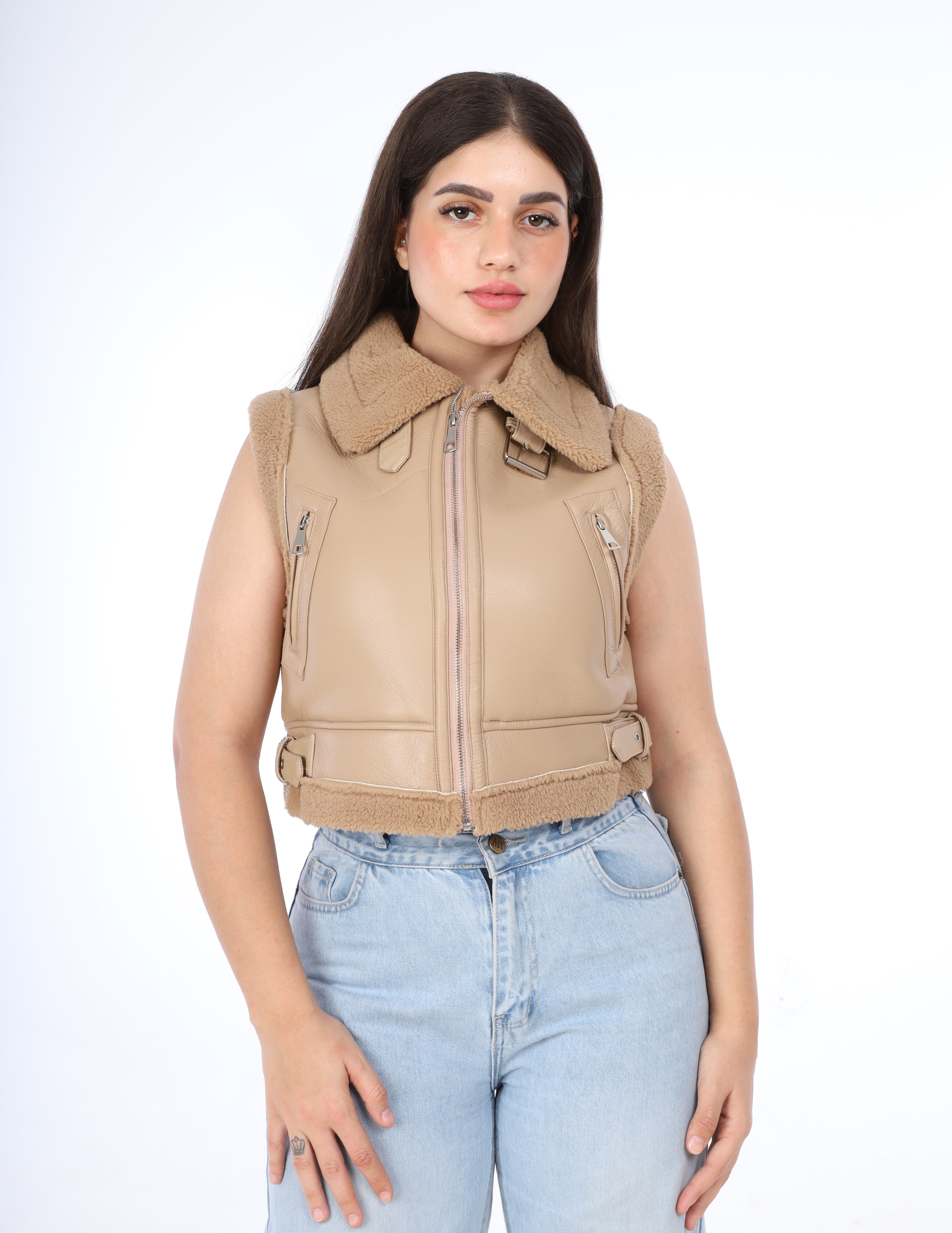 Faux Leather Shearling Vest w114740021