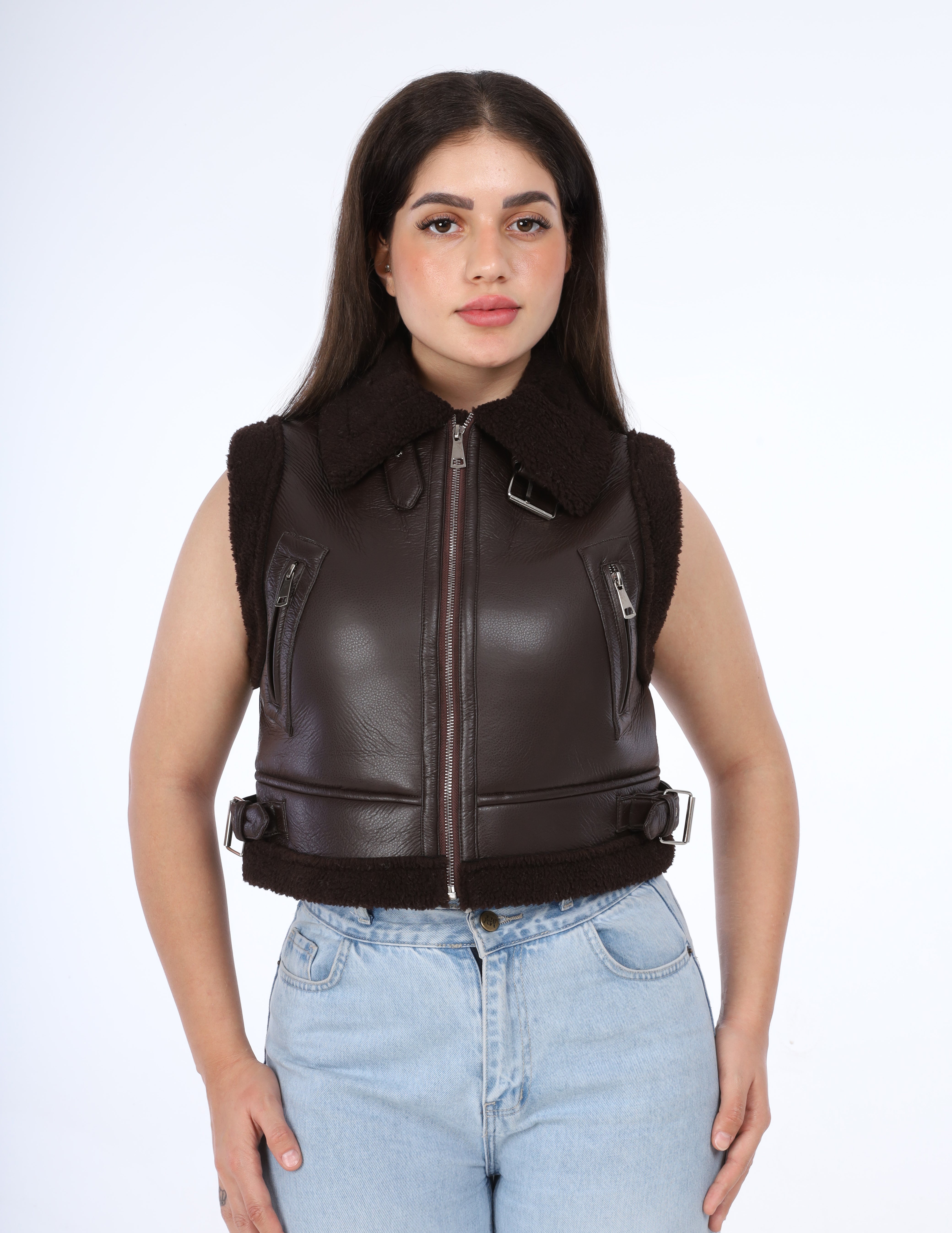 Faux Leather Shearling Vest w114740021