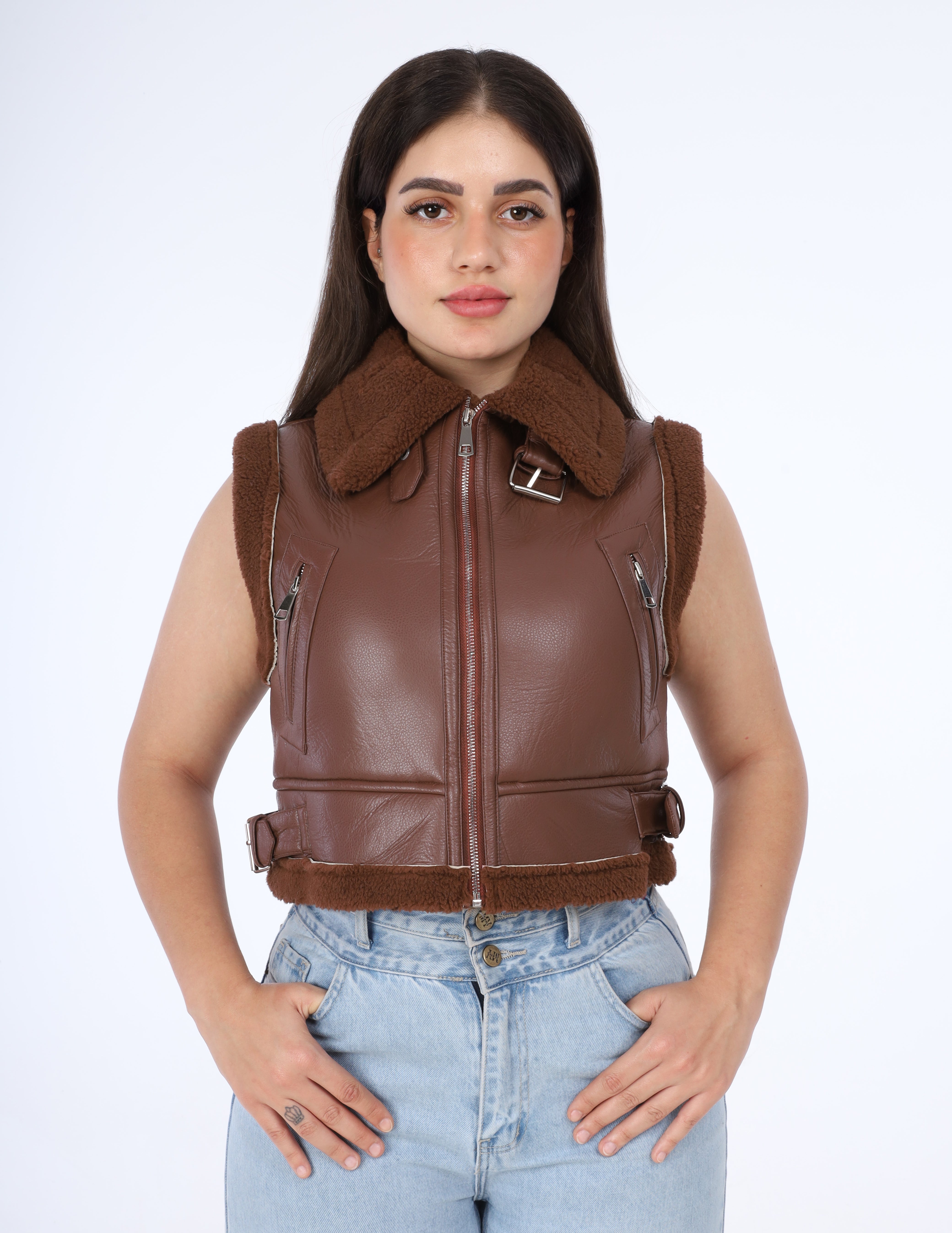 Faux Leather Shearling Vest w114740021