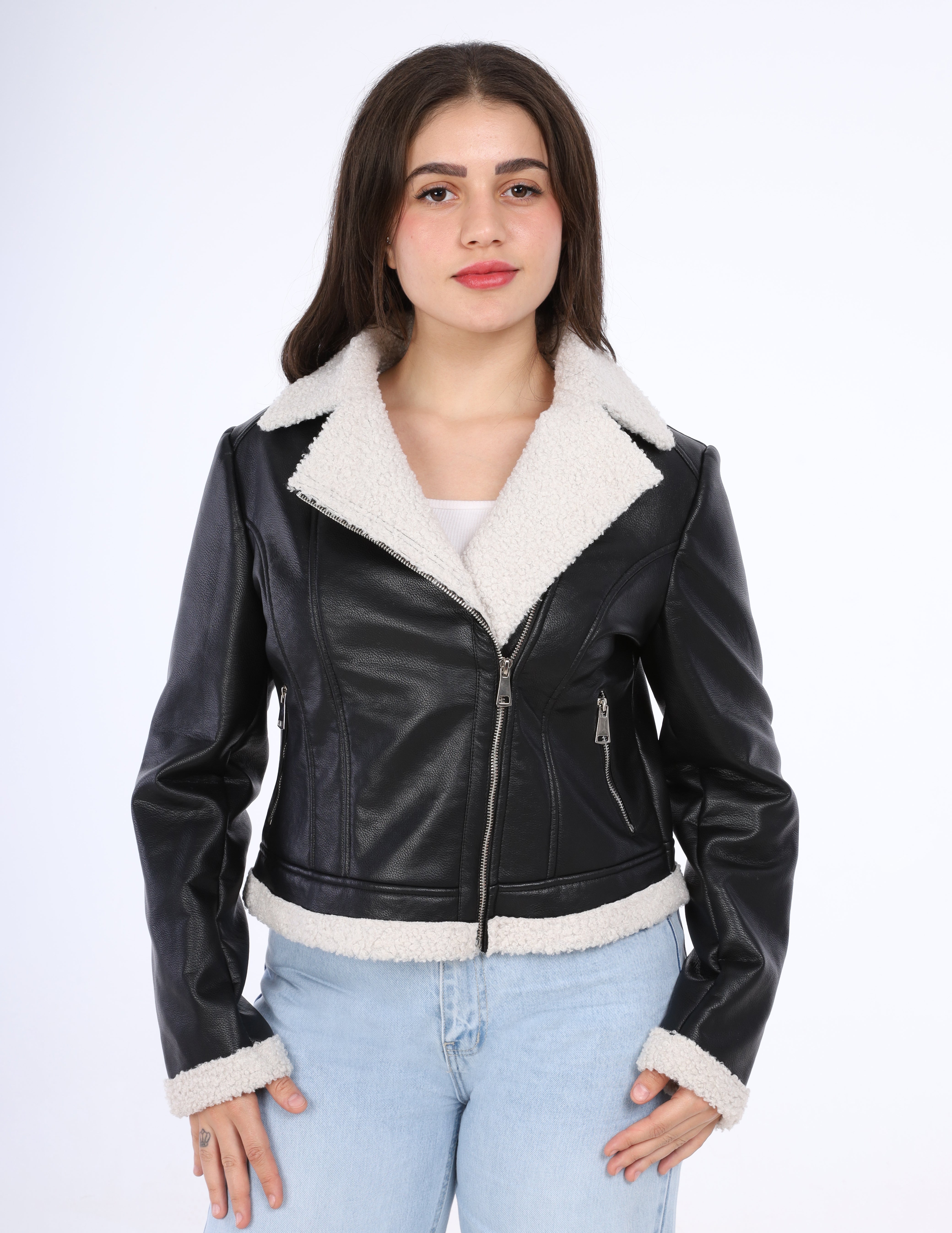Faux Fur & Leather Zipped Jacket w114740054