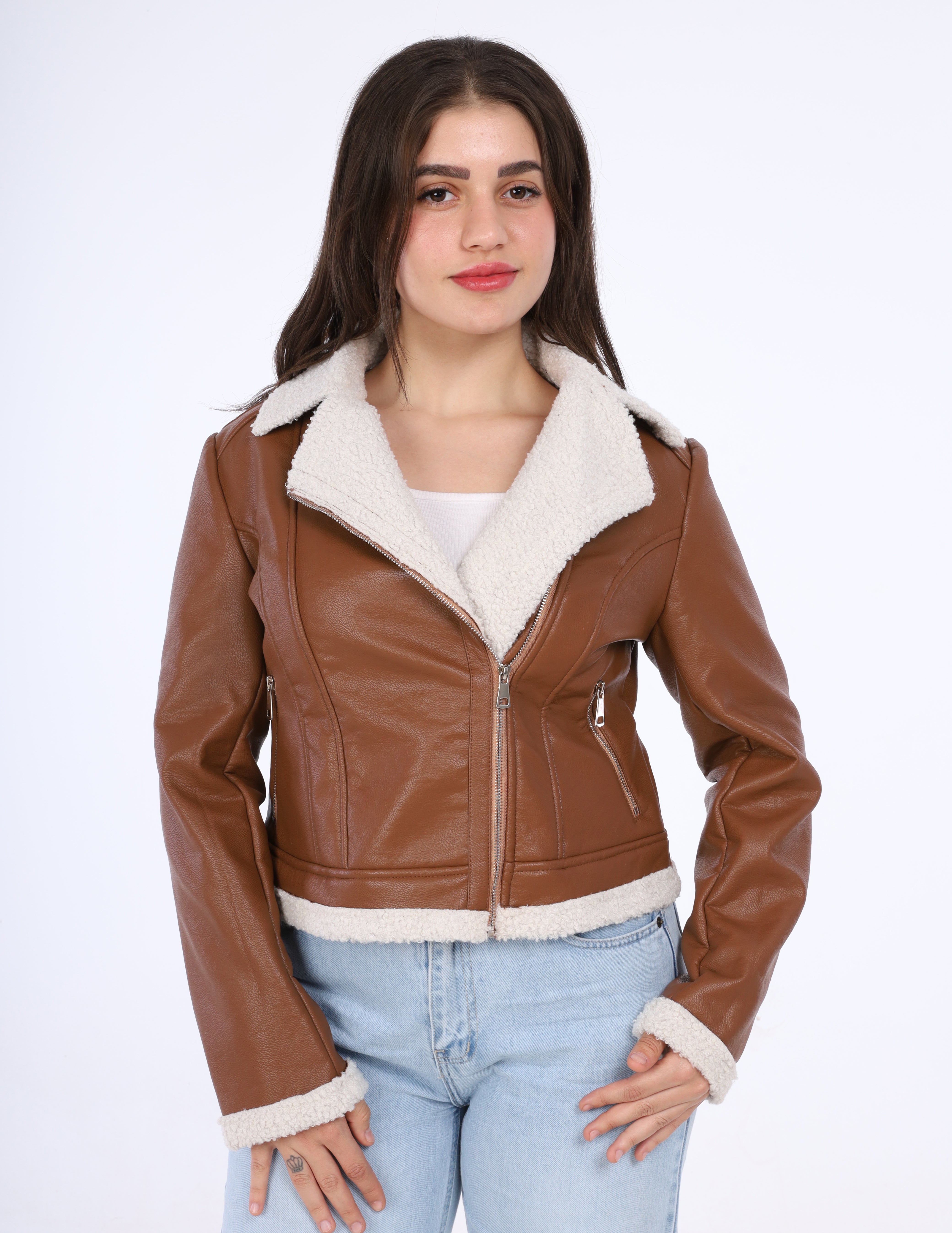 Faux Fur & Leather Zipped Jacket w114740054