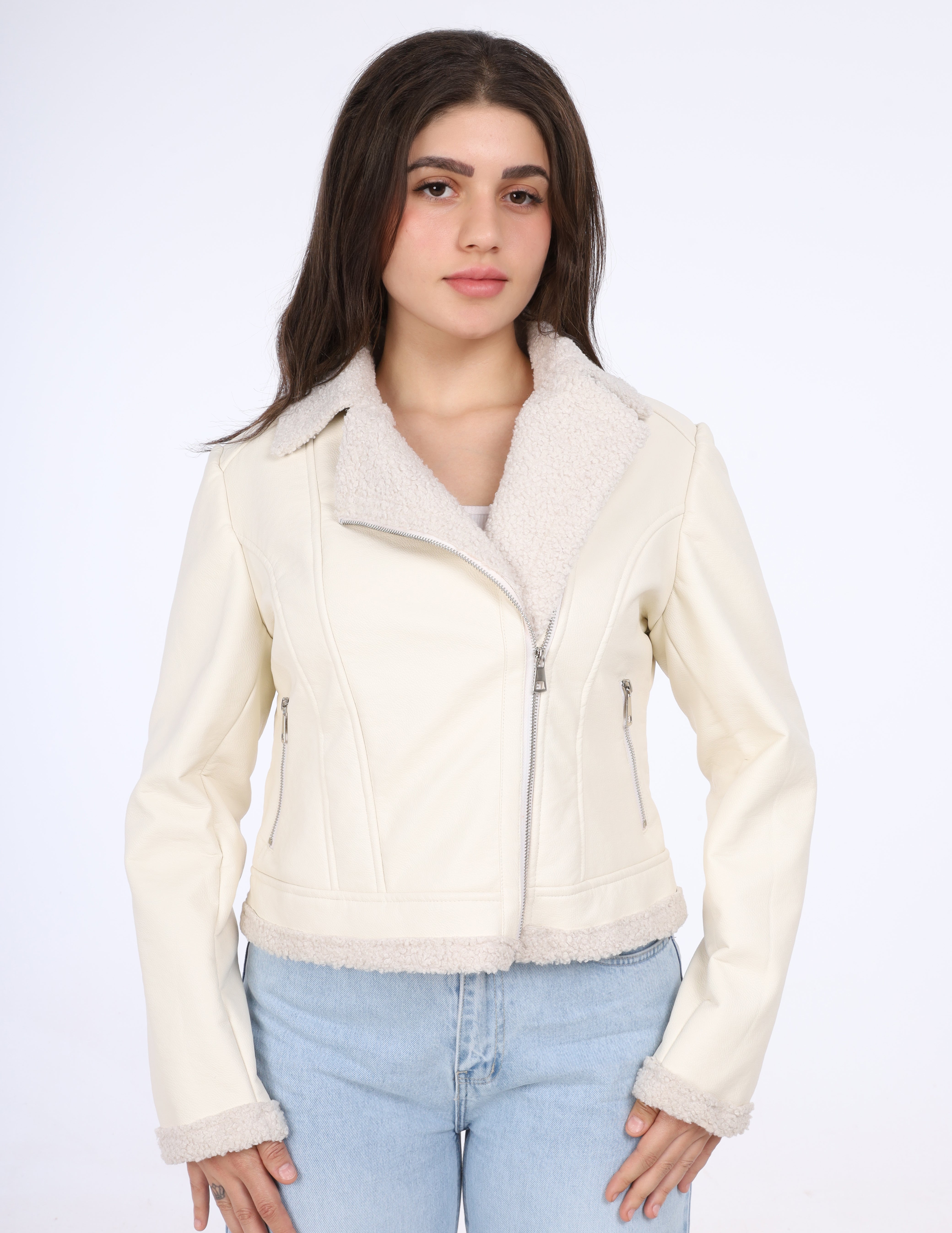 Faux Fur & Leather Zipped Jacket w114740054
