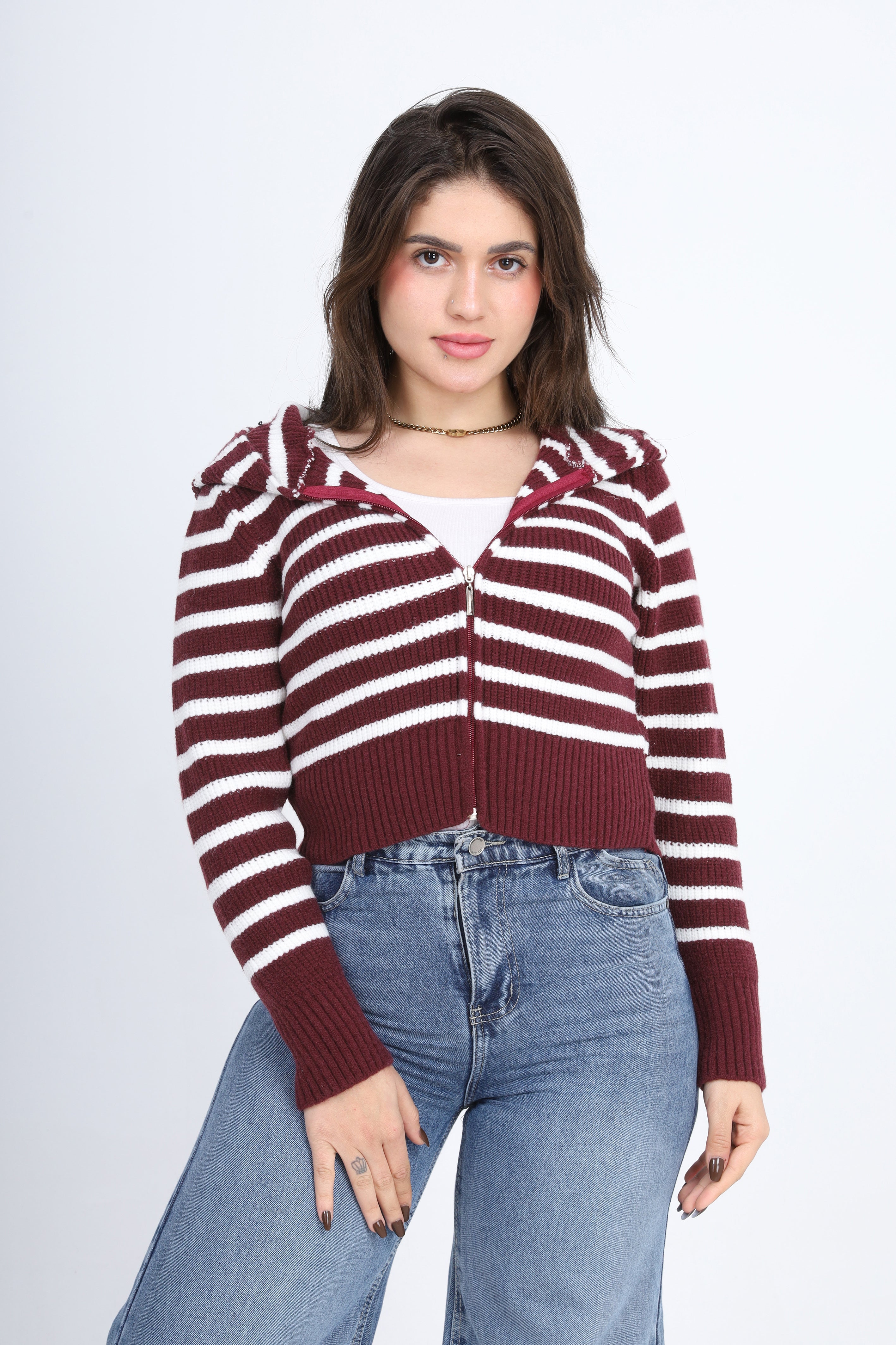 Striped Cropped Knit Hoodie w16252611