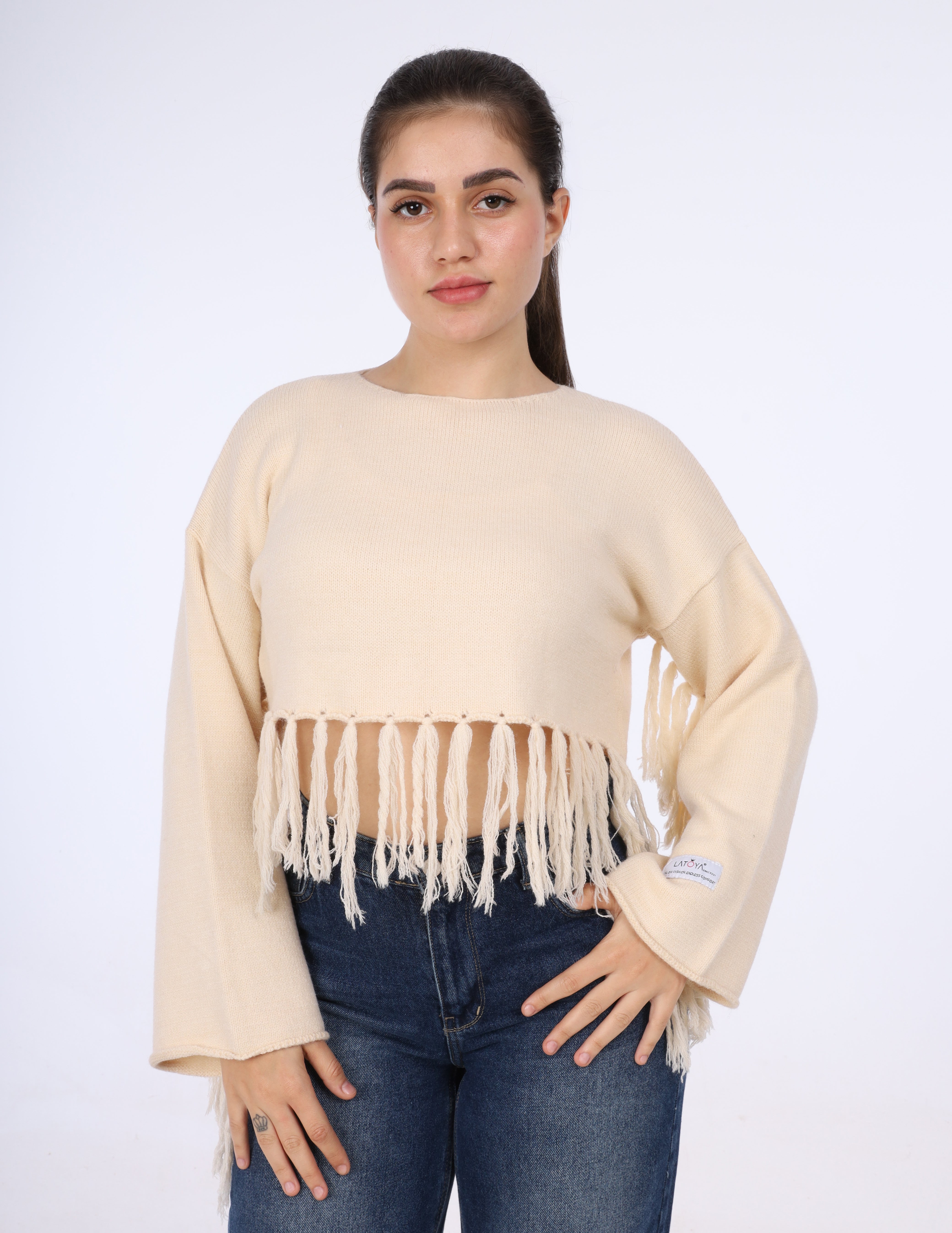 Fringe Hem Cropped Knit Pullover w16252670
