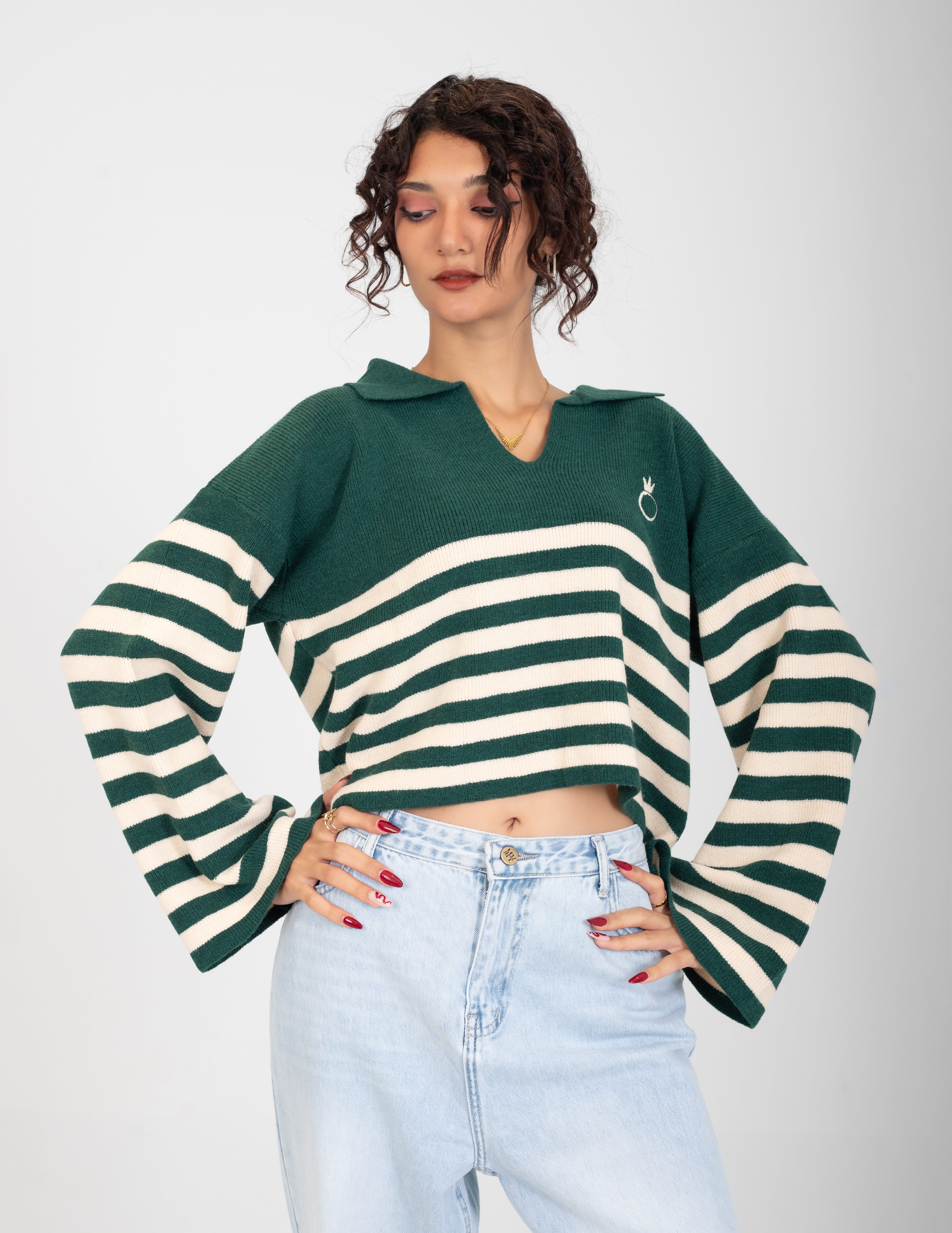 Striped V-Neck Cropped Sweater w16252687