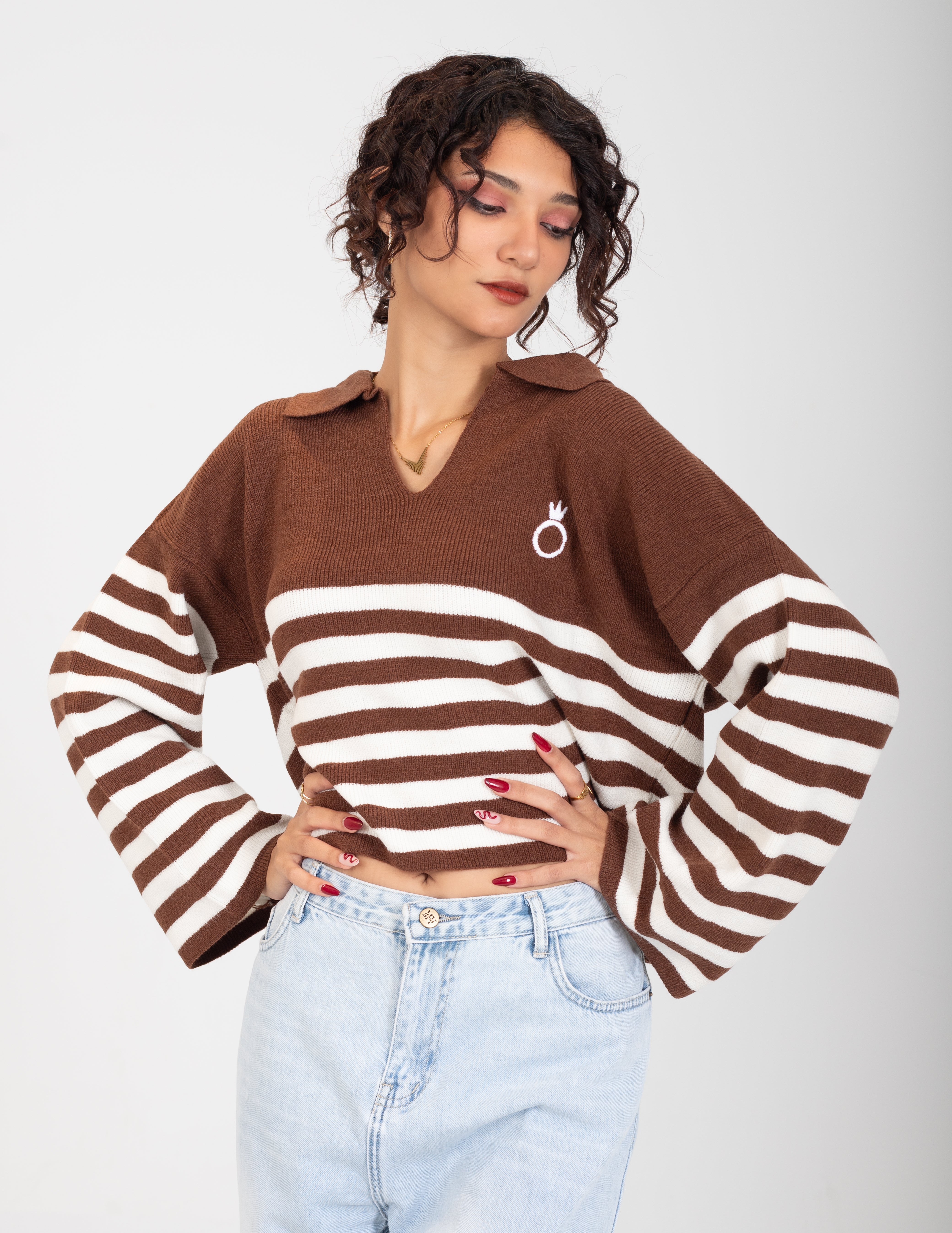Striped V-Neck Cropped Sweater w16252687